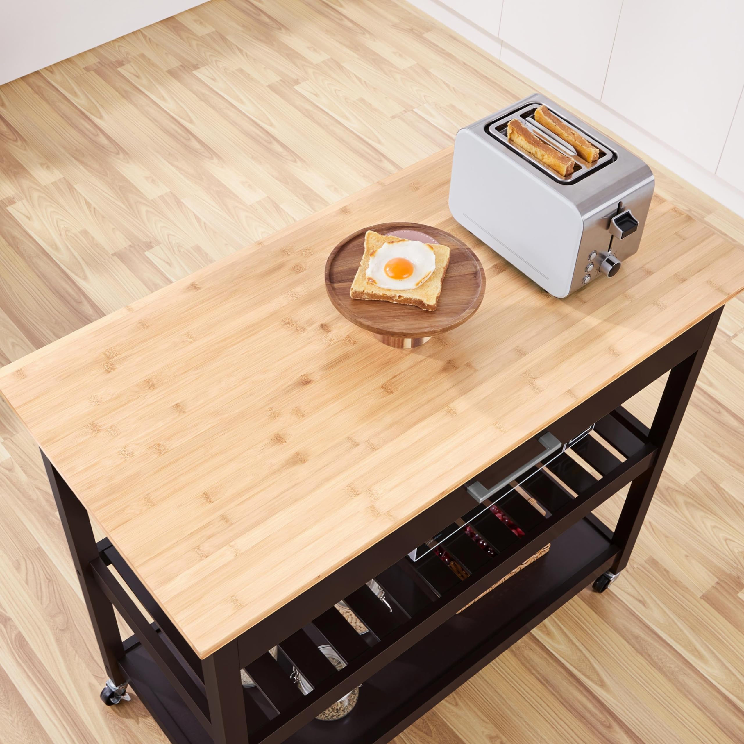 Yaheetech 3-Tier Rolling Kitchen Cart with Bamboo Tabletop - 40