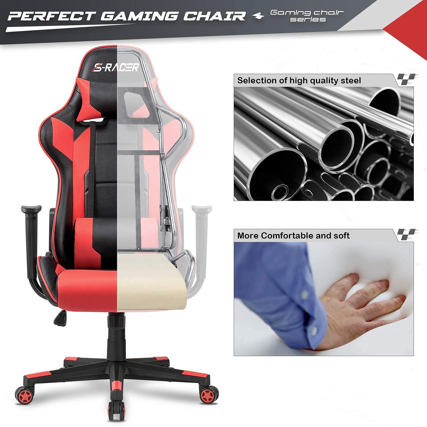 **Furniwell Ergonomic Gaming Chair - High Back Office Chair with Adjustable Headrest & Lumbar Support for PC, Computer Desk - Red - Perfect for Gaming, Work & Home Office**