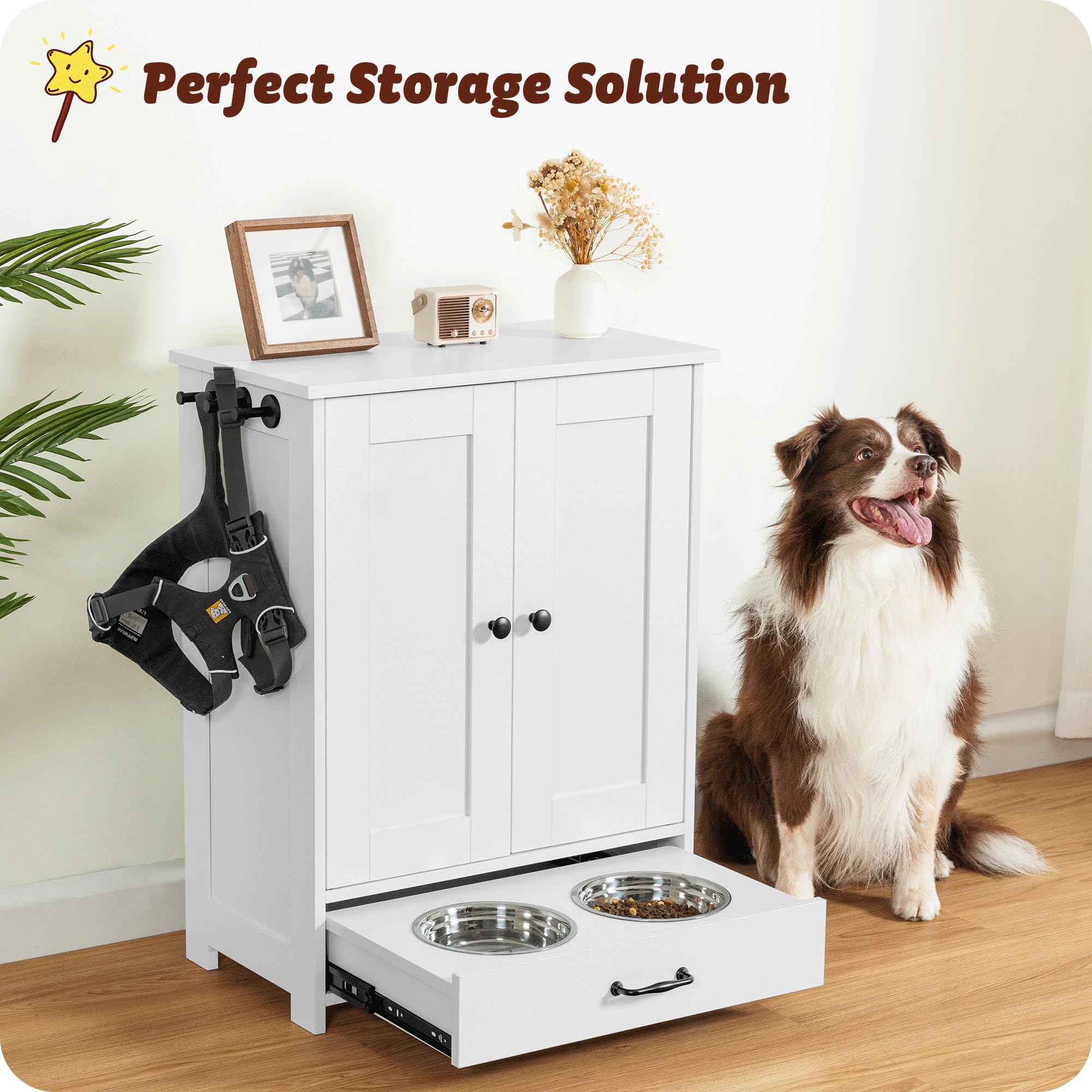 ALINE FURNITURE Elevated Dog Feeding Station with Storage Cabinet - Includes 2 Raised Dog Bowls, Hidden Pet Food Organizer for Dogs & Cats - White Wooden Pet Feeder for Kitchen or Living Room