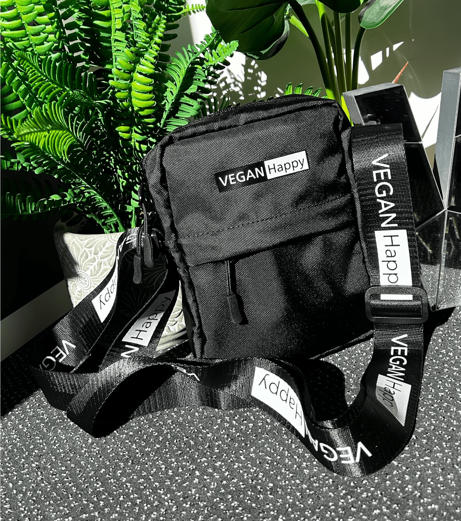 Vegan Happy Logo Mini Reporter Bag - Eco-Friendly Crossbody Purse for Women | Black | Perfect for Work, Travel & Everyday Use