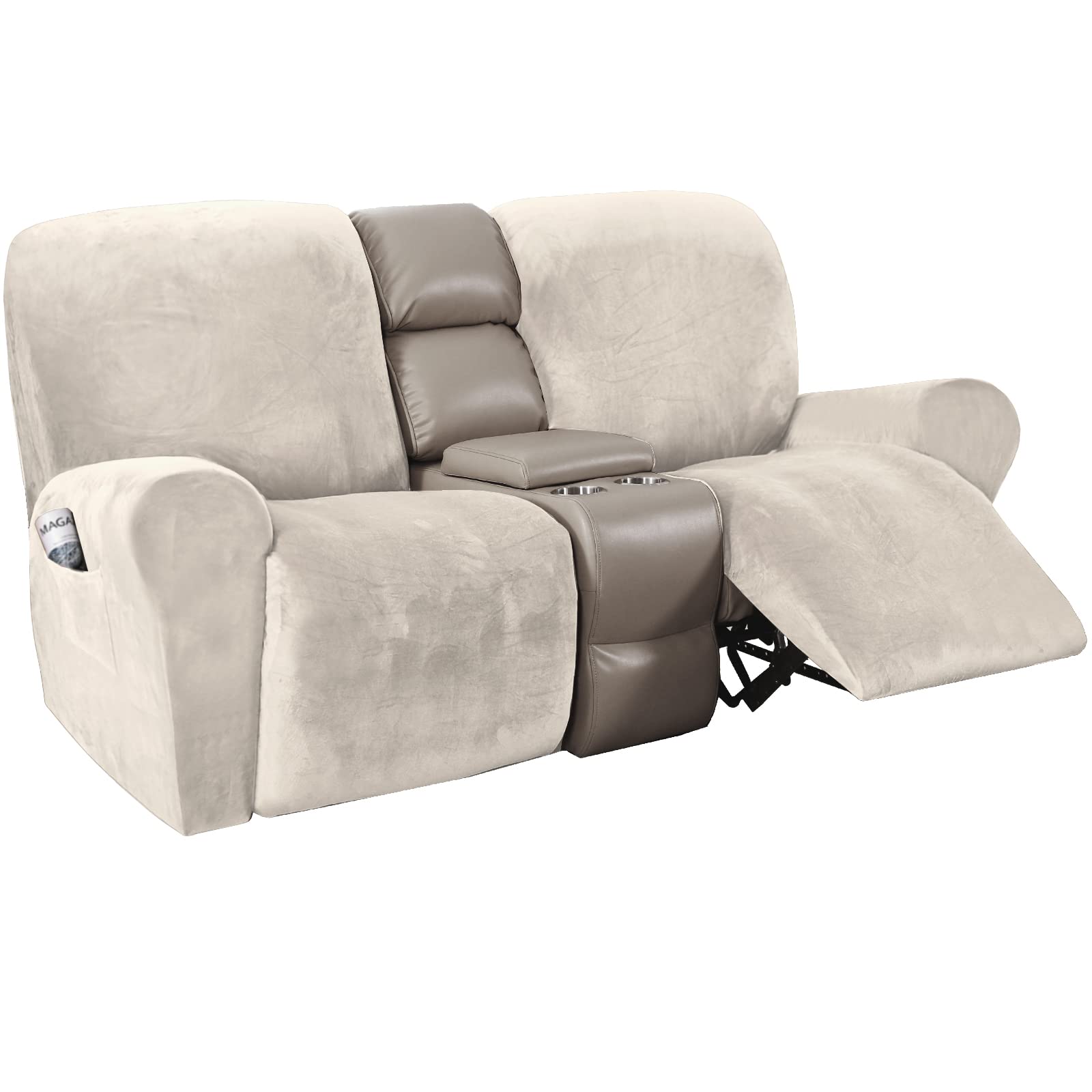 H.VERSAILTEX Velvet Stretch Recliner Couch Covers 6-Piece Set - Form Fitted Washable Slipcovers for 2-Cushion Loveseat & Reclining Sofa (Ivory) - Soft Thick Fabric Protector for Living Room, Home Theater & Family Room
