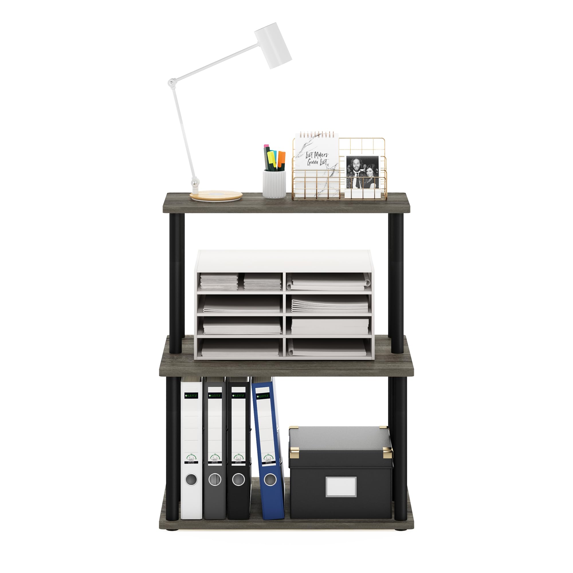Furinno Turn-N-Tube 3-Tier Multipurpose Printer Stand - Tool-Free Assembly Storage Shelf for Office & Home - French Oak Grey/Black - Perfect for Organizing Printers, Books & Office Supplies