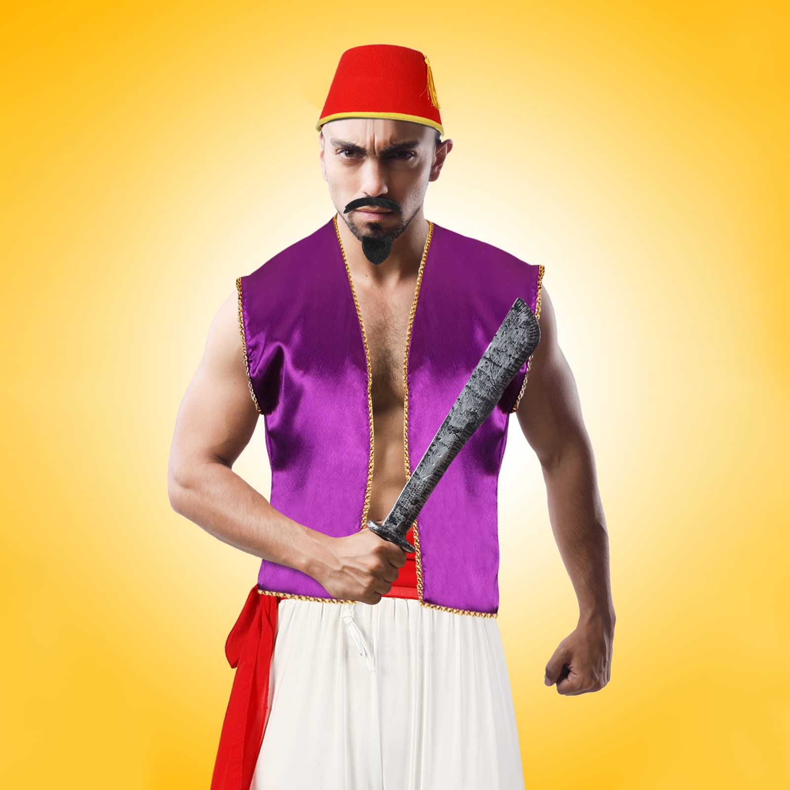 Zhanmai Arabian Prince Costume Set for Men - Purple Vest, Harem Pants, Red Fez Hat & Sash - Perfect for Cosplay, Halloween, and Theme Parties