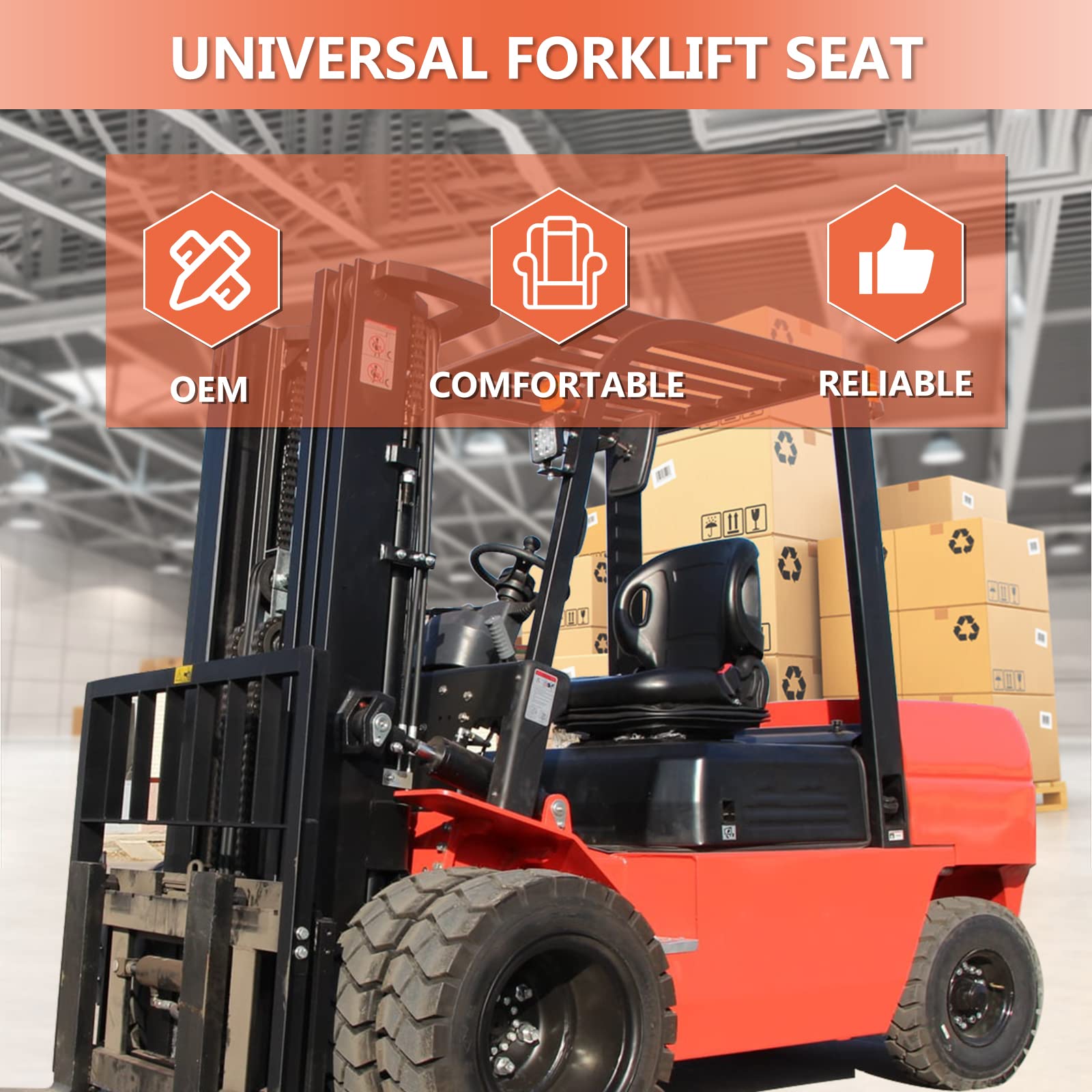 Universal Forklift Seat with Adjustable Backrest, Micro Switch & Safety Belt - Compatible with Toyota Forklift, Tractor, Excavator, Skid Loader, Backhoe, Dozer, Telehandler - Heavy Duty Ergonomic Operator Seat for Construction & Industrial Equipment