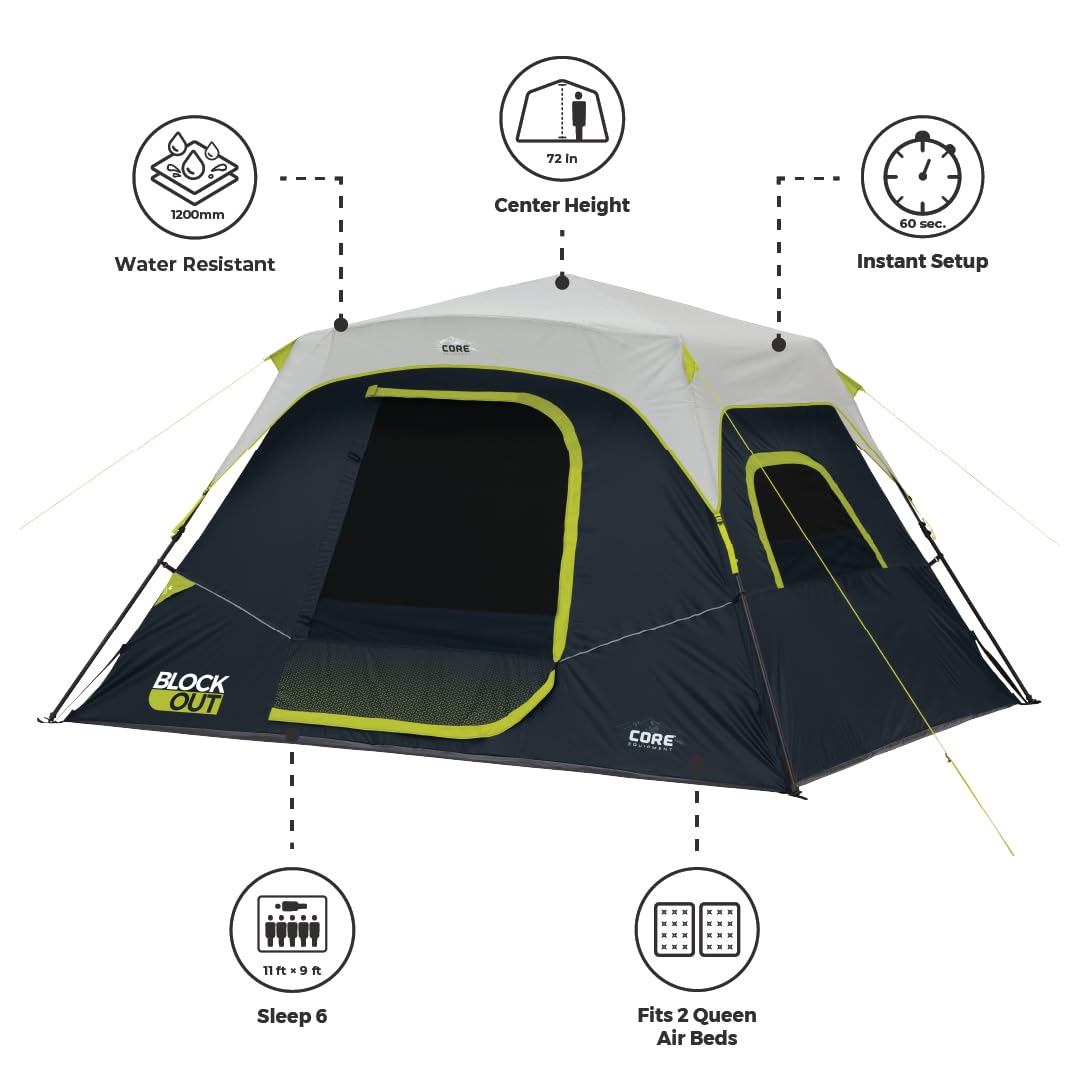 Instant Cabin Tent with Blackout Technology | Large Family Pop Up Dark Room Tent for Easy Camp Setup | Includes Storage Pockets | Perfect for Outdoor Camping, Hiking, and Backyard Adventures