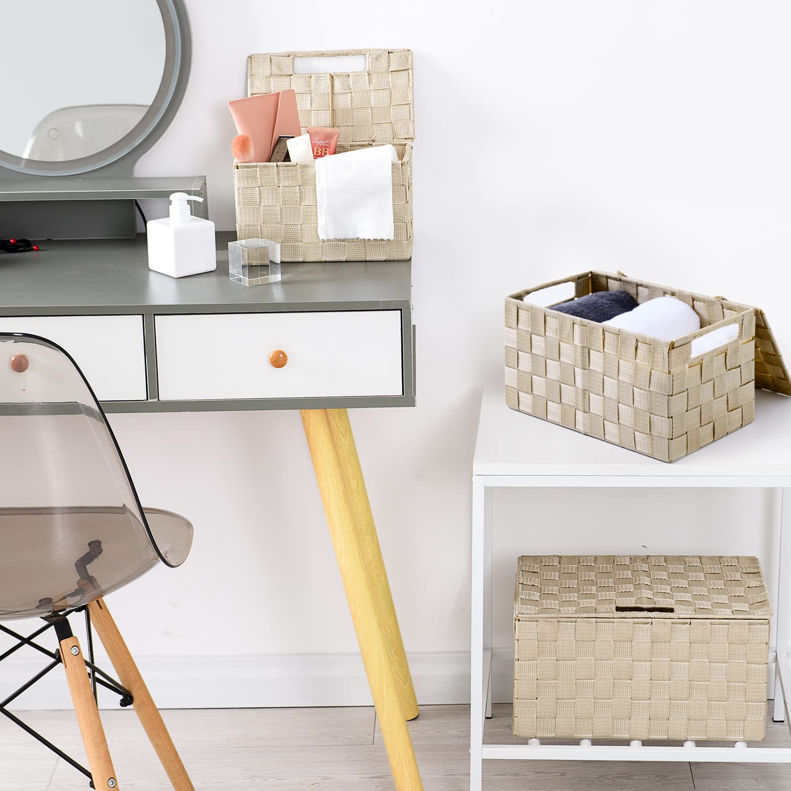 3-Pack Woven Storage Bins with Lids - Decorative Wicker Baskets for Closet, Office & Home Organization | Beige Storage Boxes for Clothes, Toys & Household Items