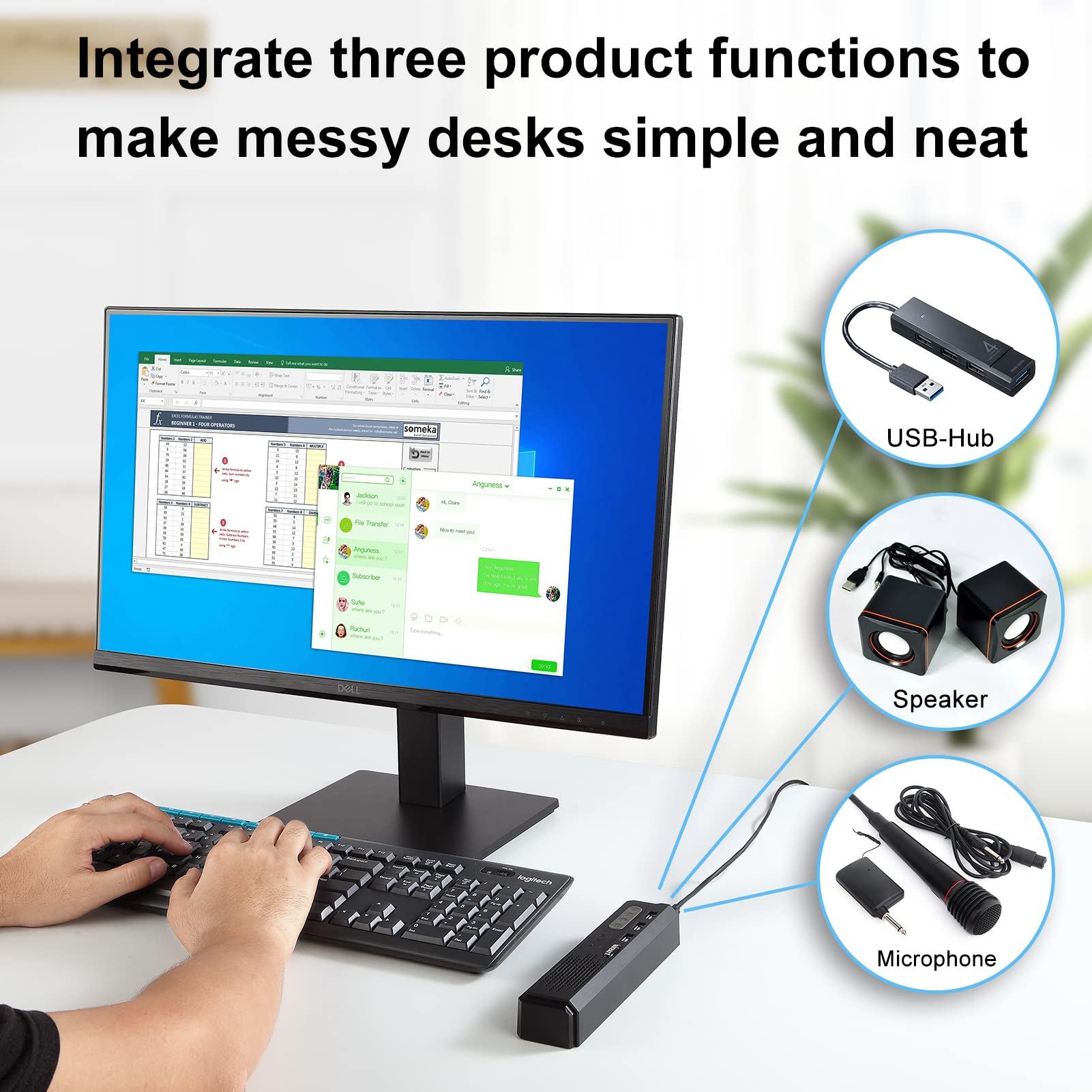 Y2106 USB-Powered Computer Speaker with Built-in Microphone & USB Hub - Wired PC Sound Bar for Teams, Zoom Meetings, Online Study - 3.5mm Headphone Jack - Black | Perfect for Home Office, Remote Work & Virtual Classrooms