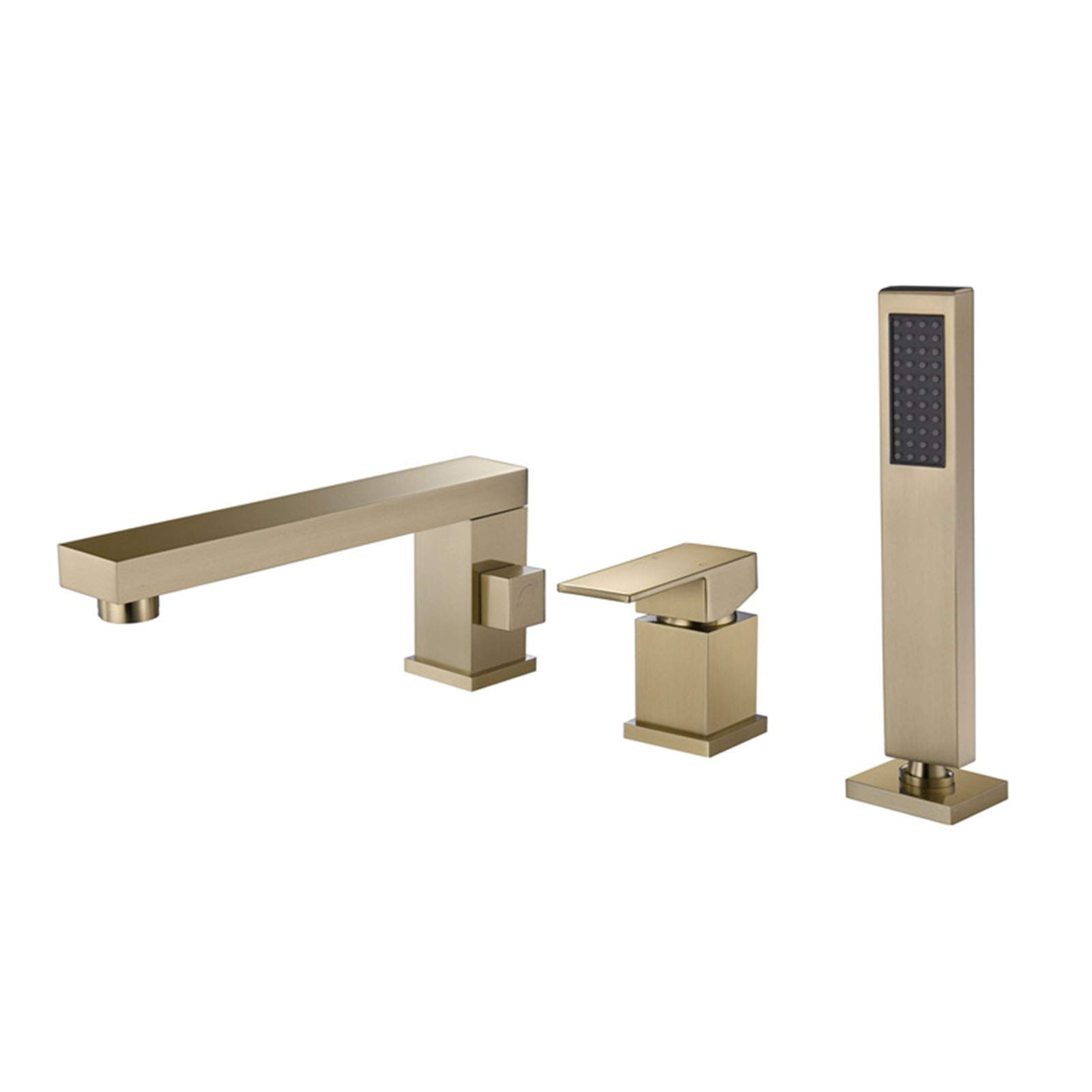 Brass Single Handle Deck Mount Bathtub Faucet with Hand Shower - 360° Swivel Spout, 3-Hole Bathtub Filler Set in Brushed Gold Finish | Perfect for Modern Bathroom Renovations and Spa-Like Shower Experiences