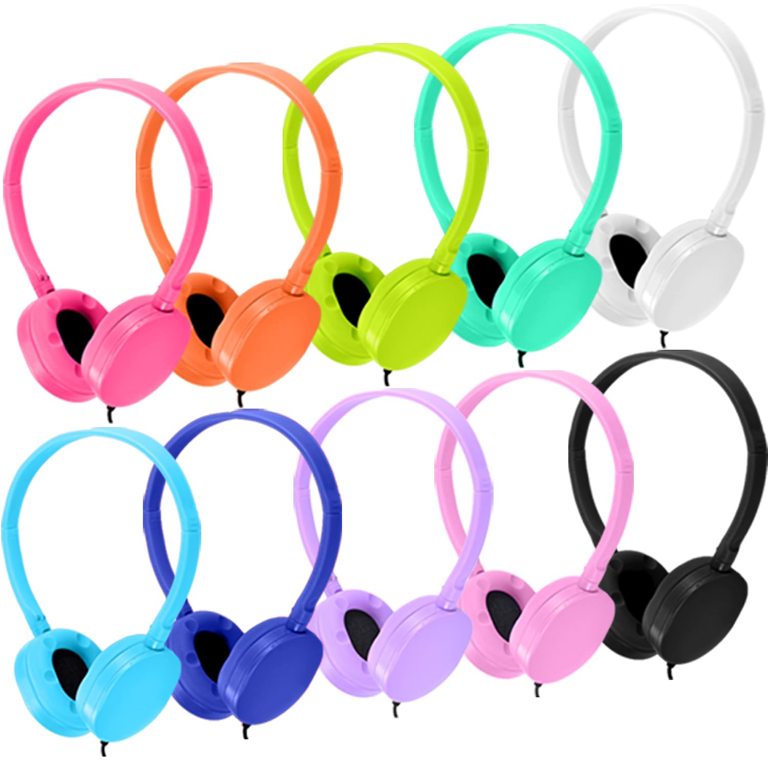 10 Pack Bulk Kids Headphones for School Classroom - On Ear Wired Headphones for Students, Boys & Girls (10 Mixed Colors) - Perfect for Online Learning, Computer Labs & Study Sessions