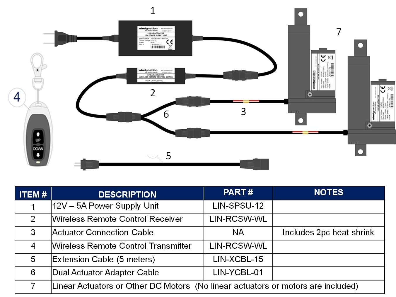 WindyNation 12V Linear Actuator Power Supply Kit with Wireless Remote Control Switch - Includes DPDT Switch, Double Adapter Cable & 15ft Extension Cord - Perfect for Home Automation, RV Adjustments, and Industrial Machinery Control