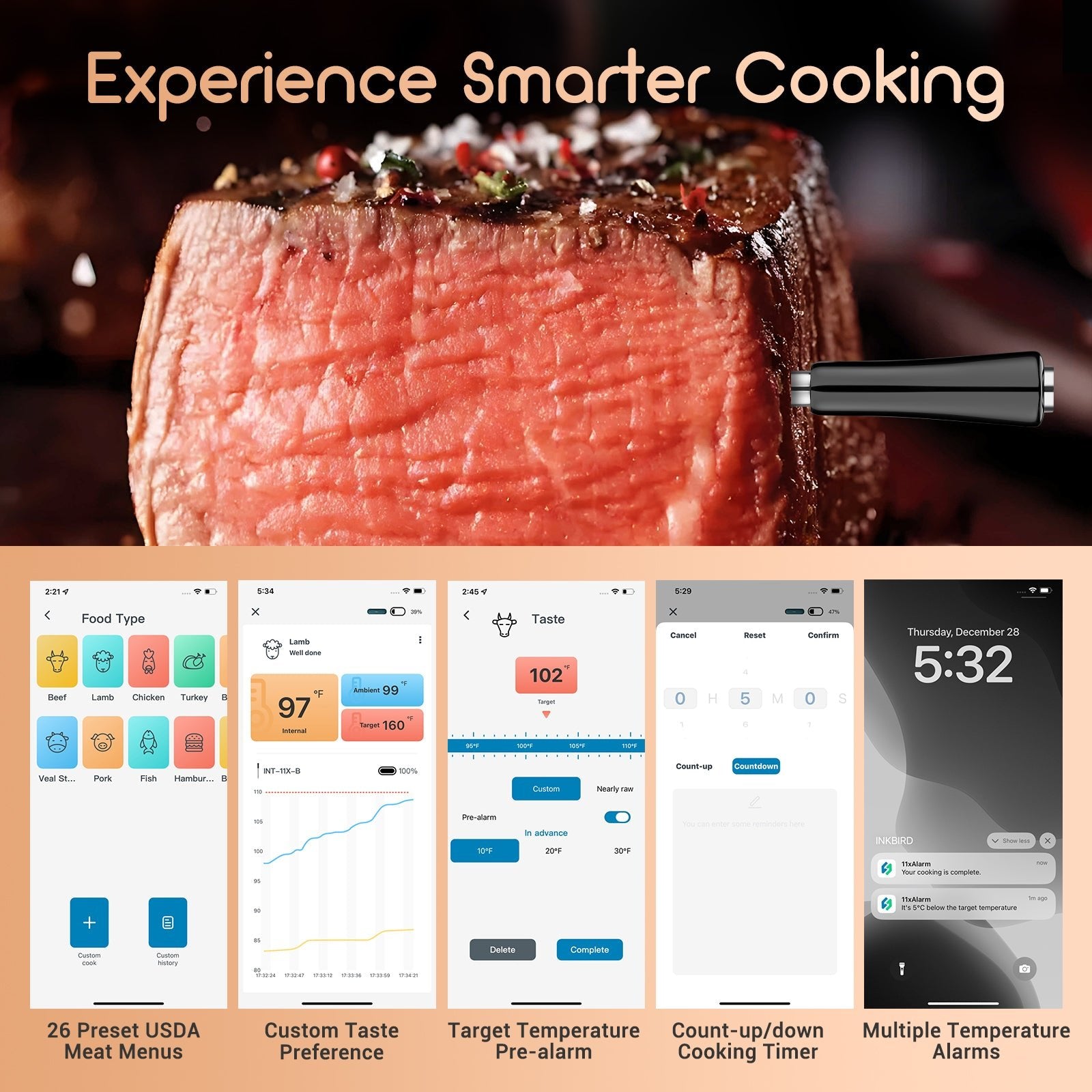 Wireless Bluetooth Meat Thermometer for Grilling, Smoking & BBQ - INT 11X B - Perfect for Outdoor Cooking, Kitchen Use & Food Safety Monitoring