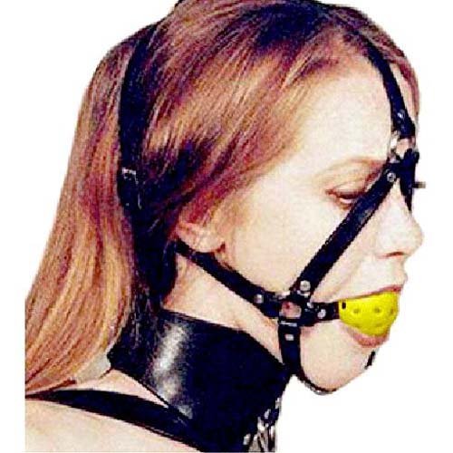 Breathable Leather Ball Gag Pouch Harness - BDSM Fantasy Toy for Adults (Black/Yellow) - Perfect for Role Play, Bondage & Sensory Play