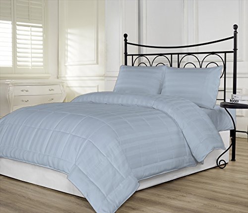 Premium 650 Thread Count Egyptian Cotton Comforter - Light Blue Stripe, 1pc Queen/Olympic Queen Size (86