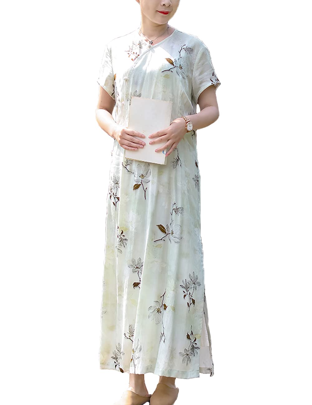 LUZU JUNU Women's Vintage Floral Print Boho Maxi Dress - Chinese Style Loose Casual Long Dress for Summer Beach, Travel & Boho Chic Outfits