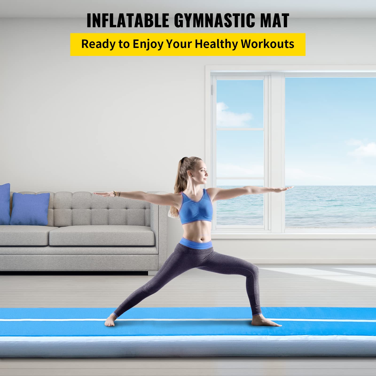 VEVOR 16ft Inflatable Air Gymnastic Mat - 4 Inch Thick Tumble Track with Electric Pump | Durable Training Mat for Home Gym, Cheerleading, Yoga & Water Play | Perfect for Backyard, Studio & Poolside Activities