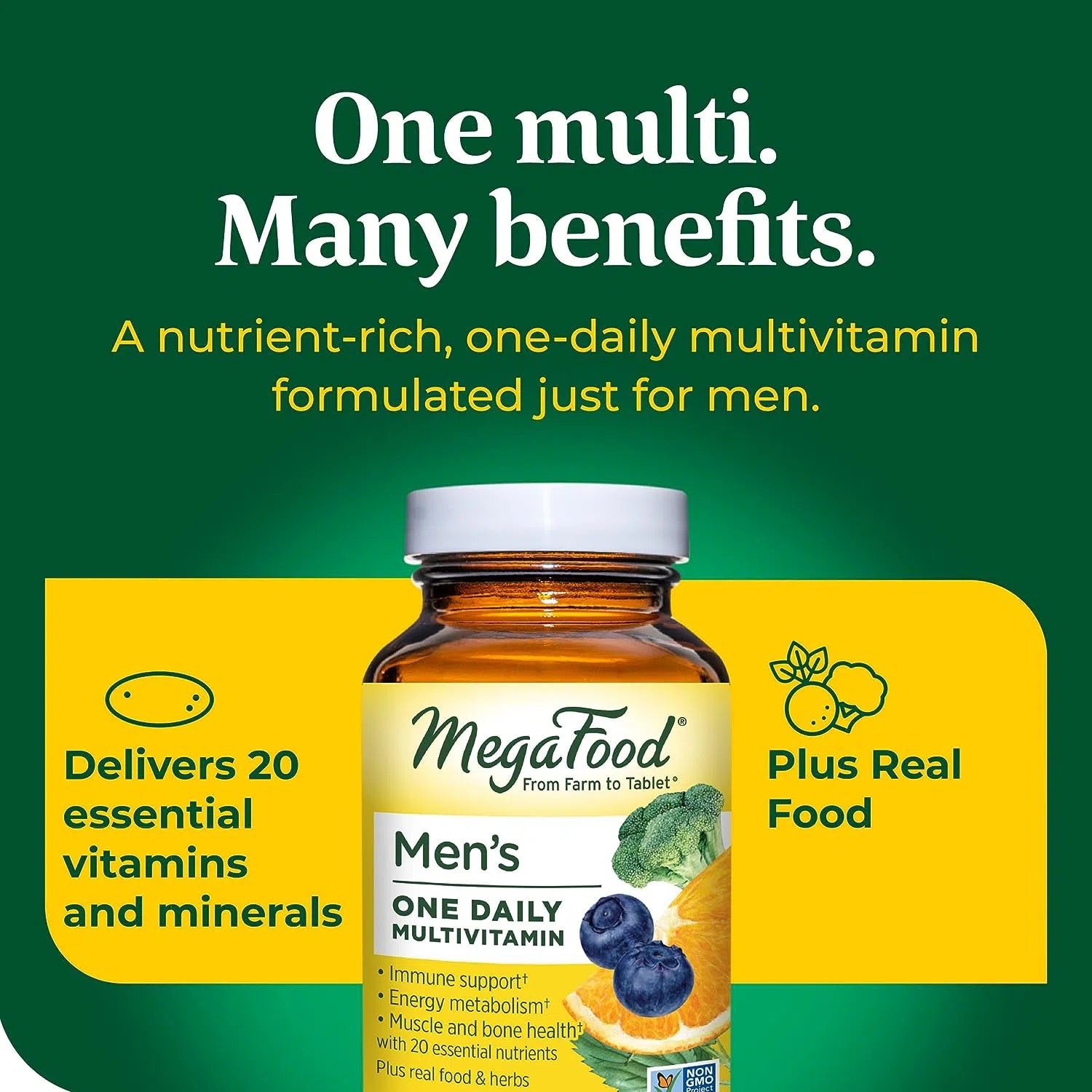 MegaFood Men’s One Daily Multivitamin - Premium Multivitamin Supplement for Men with Essential Vitamins & Minerals - Supports Energy, Immunity & Overall Health - Ideal for Active Lifestyles & Daily Wellness