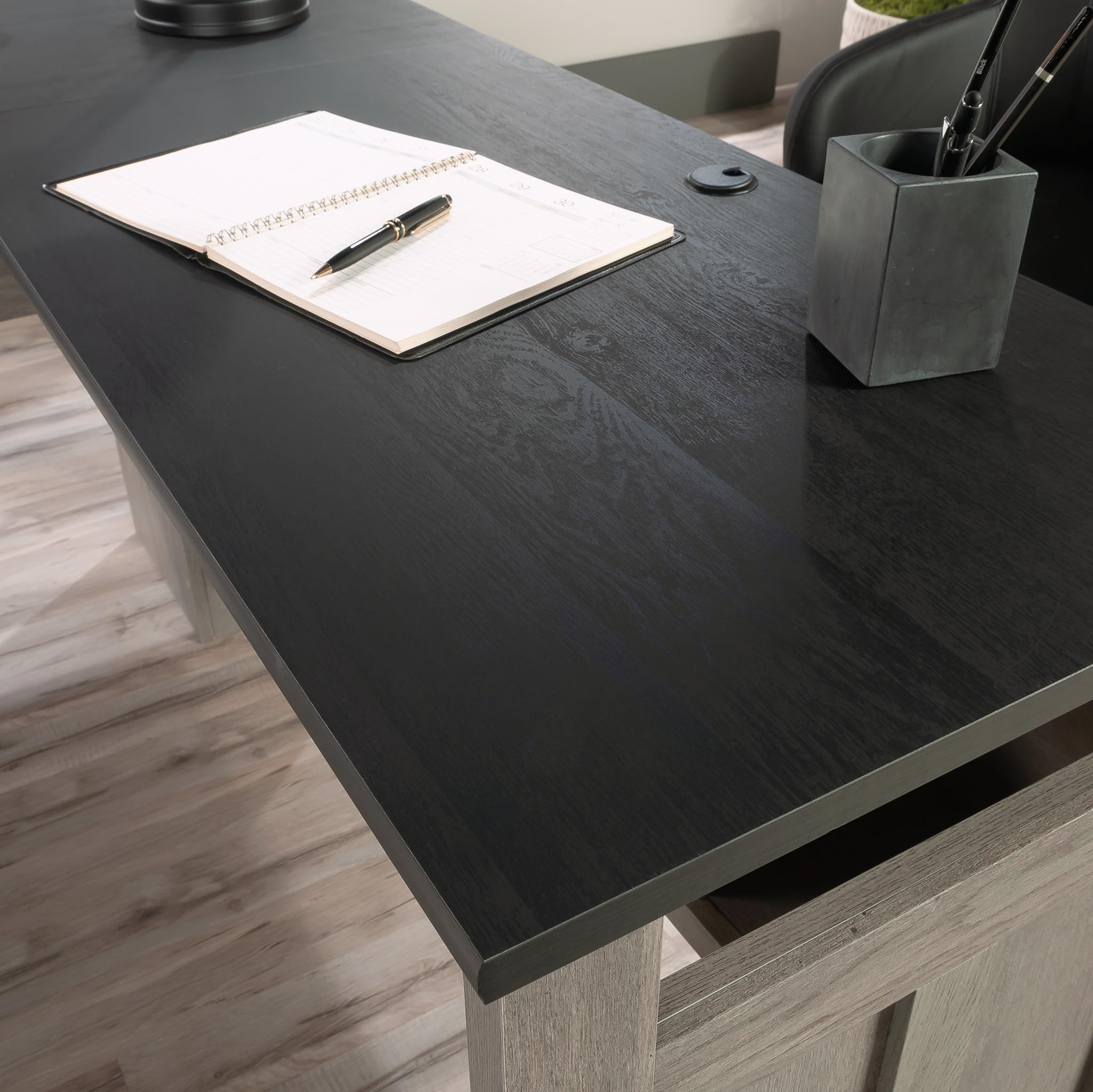 Sauder August Hill L-Shaped Farmhouse Office Desk - Corner Computer Desk with File Drawer & Cable Management in Mystic Oak Finish | Perfect for Home Office, Study Room & Small Spaces