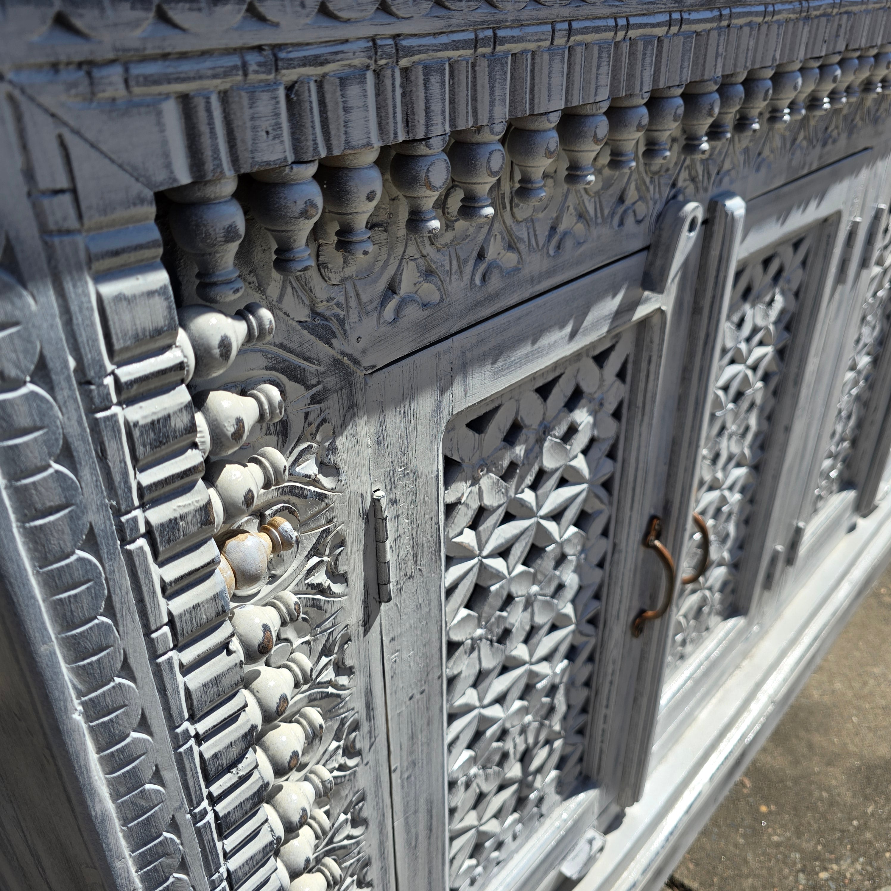 Handmade Carved Indian Furniture - Solid Mango Wood 4-Door Sideboard with Whitewash Finish | Rustic Dining Room Buffet Cabinet for Home Decor