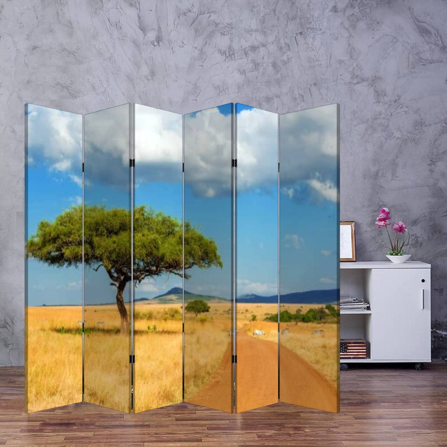 6-Panel Wooden Room Divider with African Tree Landscape - Foldable Privacy Screen, Dual-Sided Canvas Partition for Indoor Spaces | Perfect for Home Office, Bedroom Separation & Decorative Display
