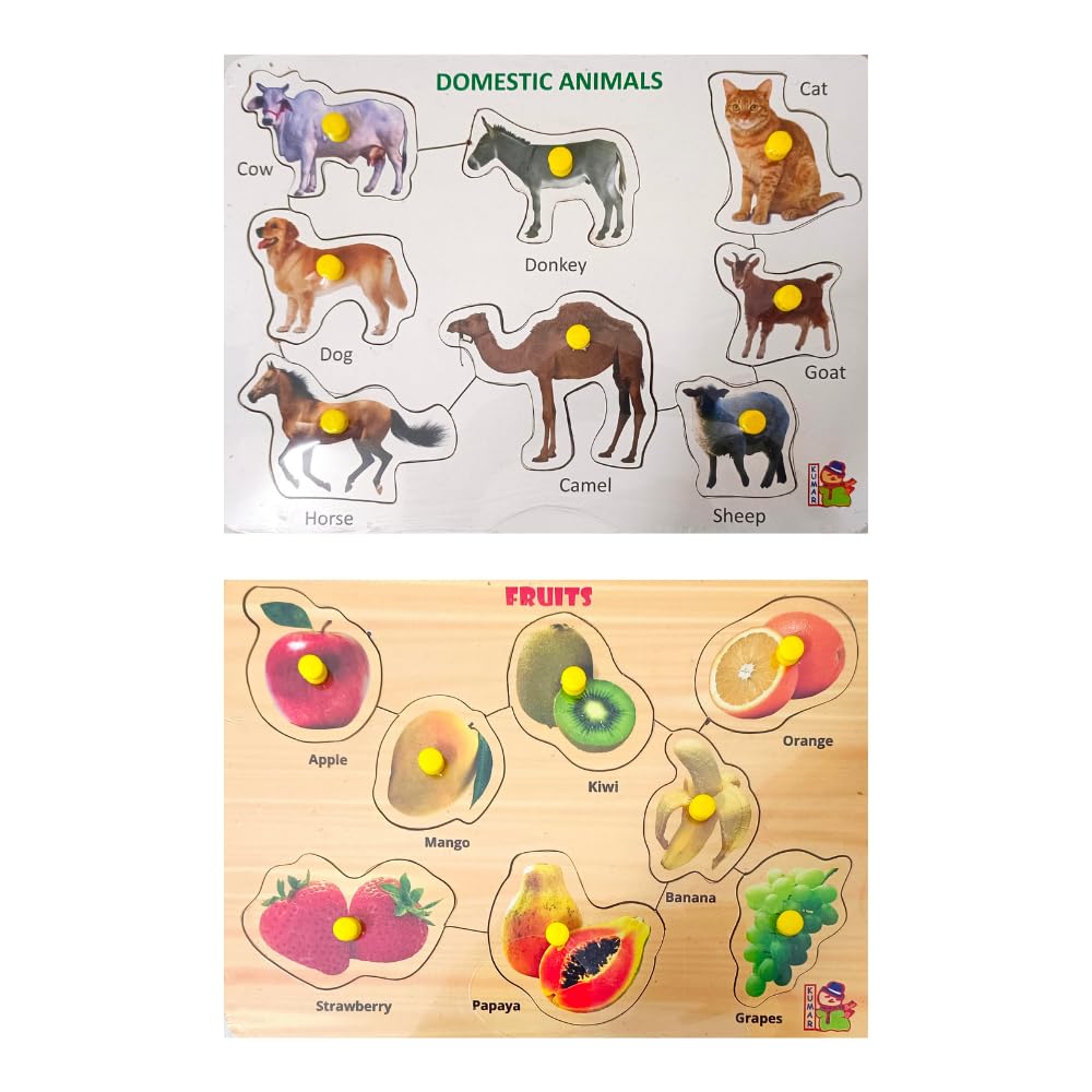 Combo of 5 Wooden Learning Boards for Kids & Adults - Educational Wooden Puzzles for Toddlers 3+ (Domestic Animals, Fruits, Vegetables, Numbers 1-20, Body Parts) - Perfect for Homeschooling, Preschool Learning, and Family Bonding Activities