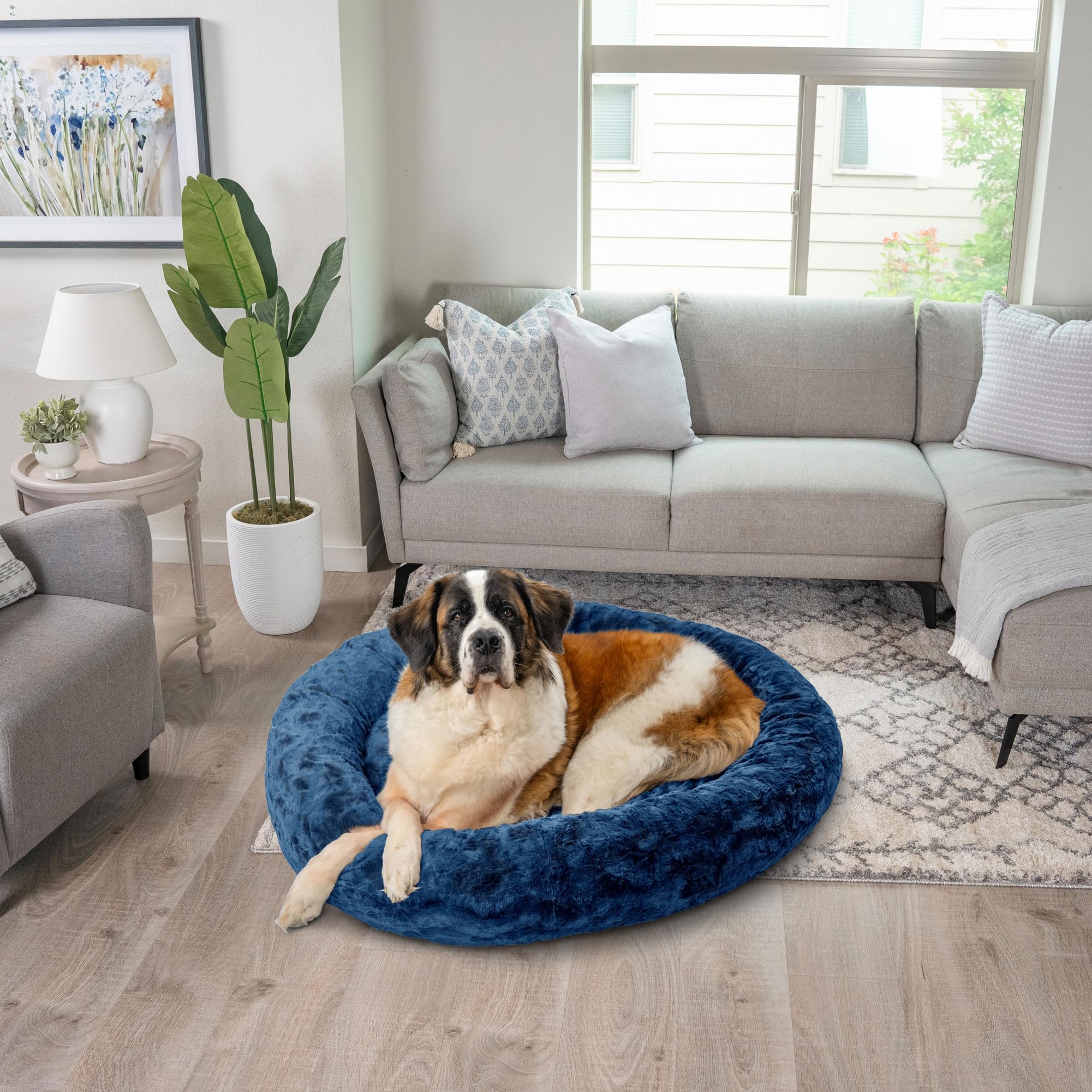 Best Friends by Sheri The Original Calming Donut Dog & Cat Bed - Ultra Plush Luxe Fur, Navy Blue, Extra Large (45