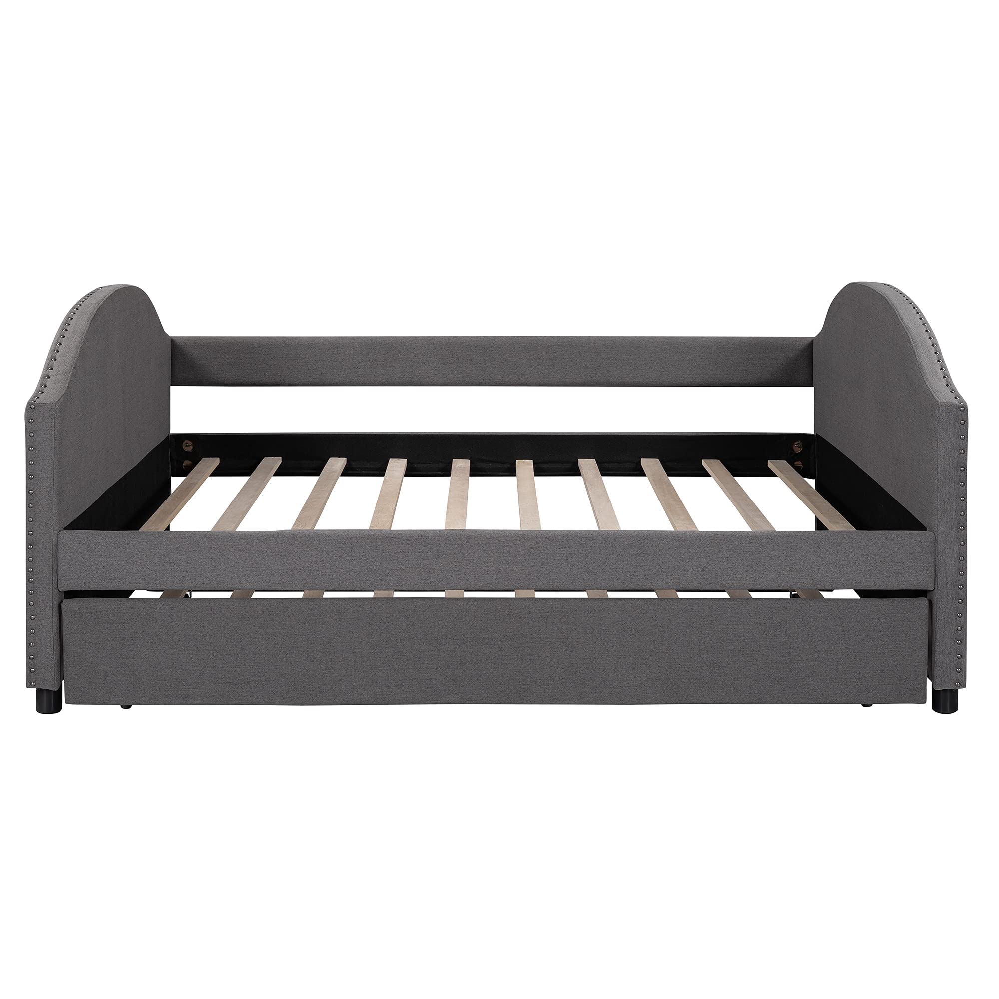 Full Size Upholstered Sofa Bed with Wood Frame & Trundle - 10-Slat Support System in Gray | Perfect for Guest Rooms, Small Apartments & Multi-Functional Living Spaces