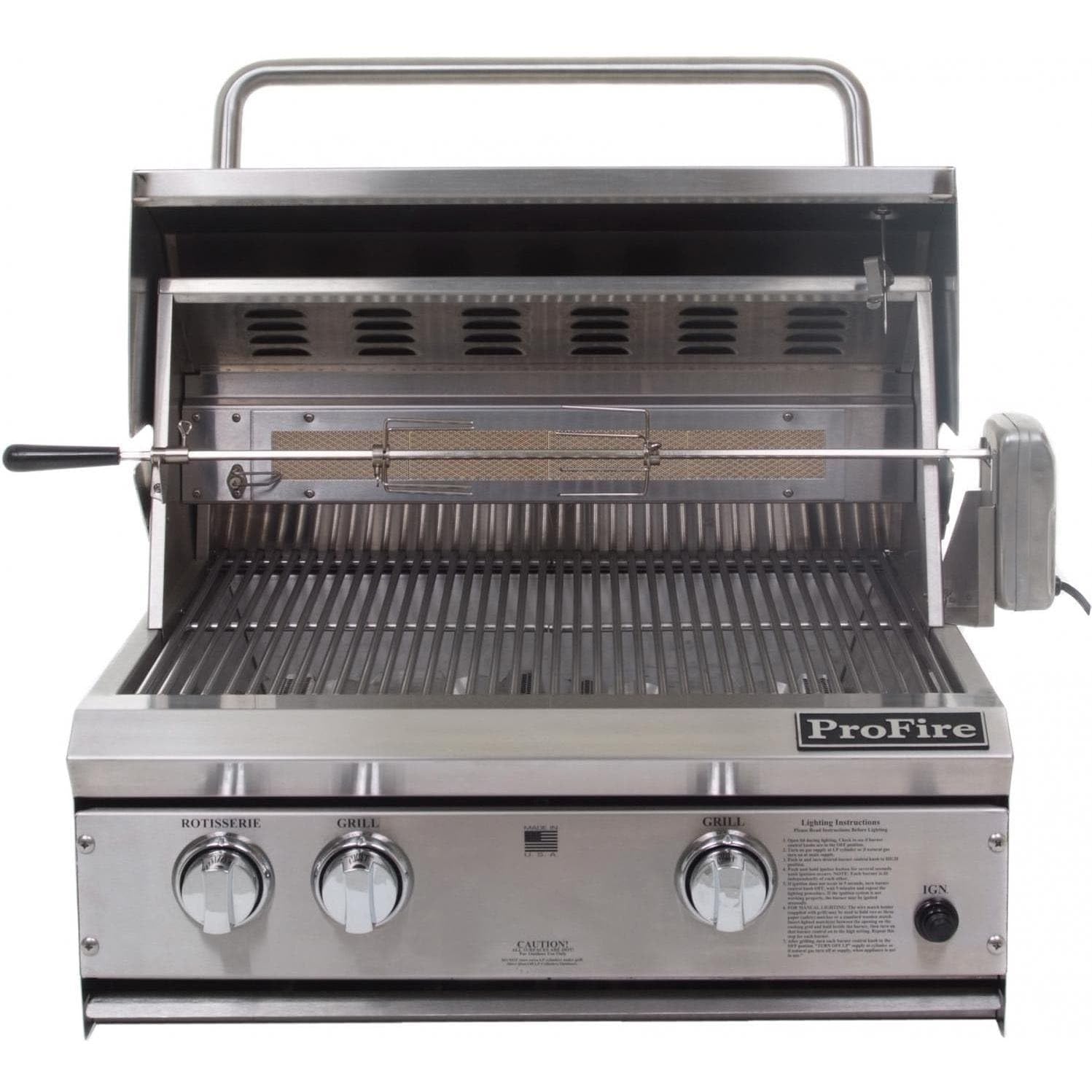 Profire Professional Series 27 Inch Built-in Natural Gas Grill with Rotisserie - Outdoor Kitchen & Backyard BBQ Cooking for Patio, Deck & Garden Parties
