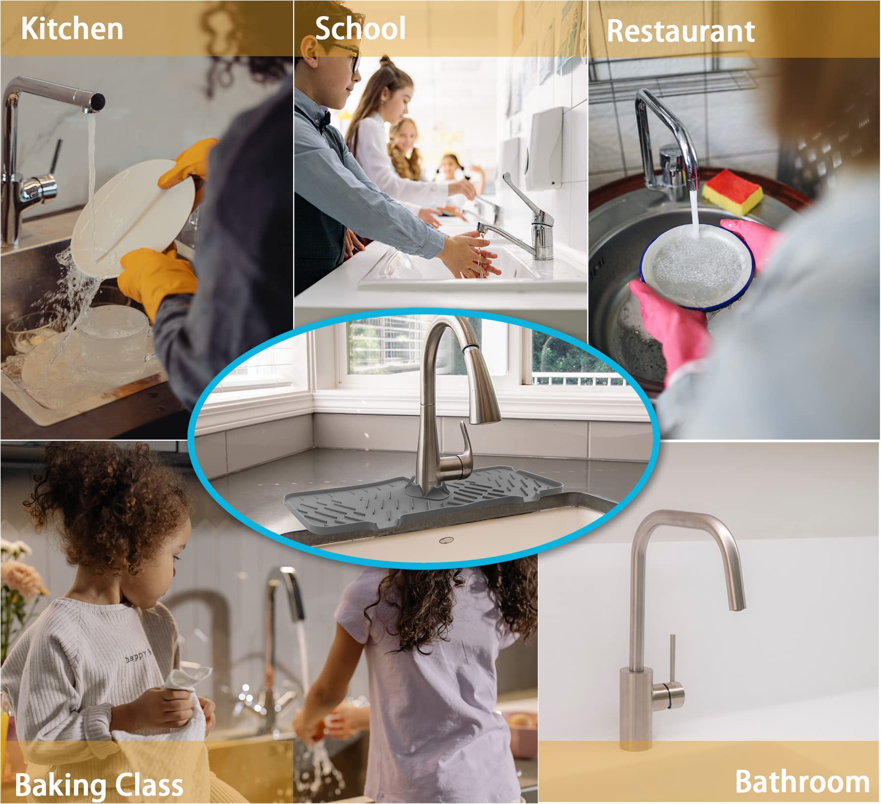 Silicone Faucet Splash Guard Mat - Anti-Drip Catcher, Sink Drain Pad, Backsplash Protector for Kitchen & Bathroom - Non-Slip Rubber Drying Mat for Countertops (Grey) | Perfect for Preventing Water Spills on Countertops While Washing Dishes or Brushing Teeth