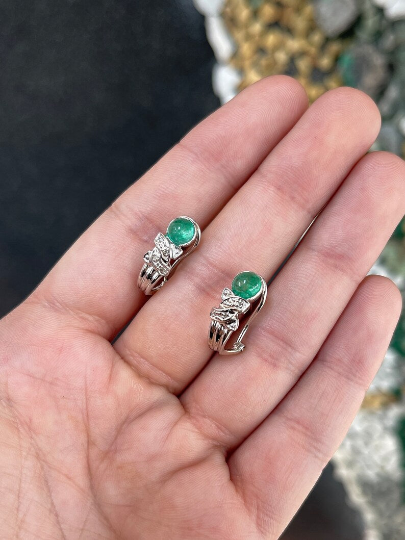 2.01tcw 14K Gold Emerald Cabochon Cut Diamond Accent Omega Hook Drop Earrings for Women - Elegant Dangle Earrings for Wedding, Party & Special Occasions