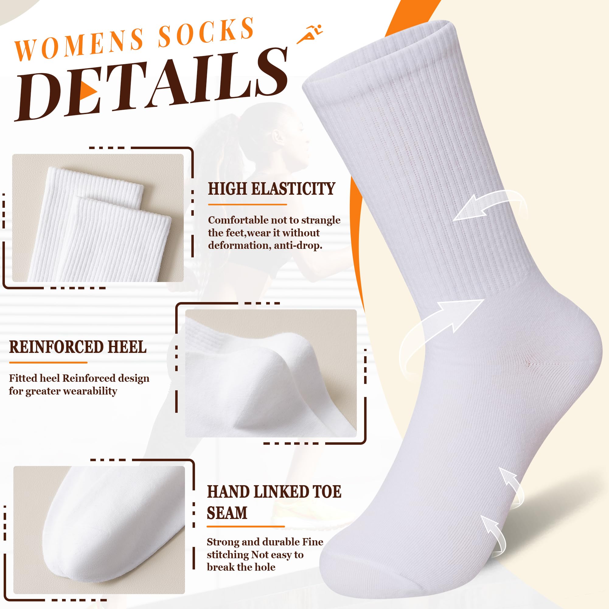 Velice Women's White Crew Socks - 6 Pairs Soft Cotton Thin Casual Calf Socks for Everyday Wear, Workout & Office Use