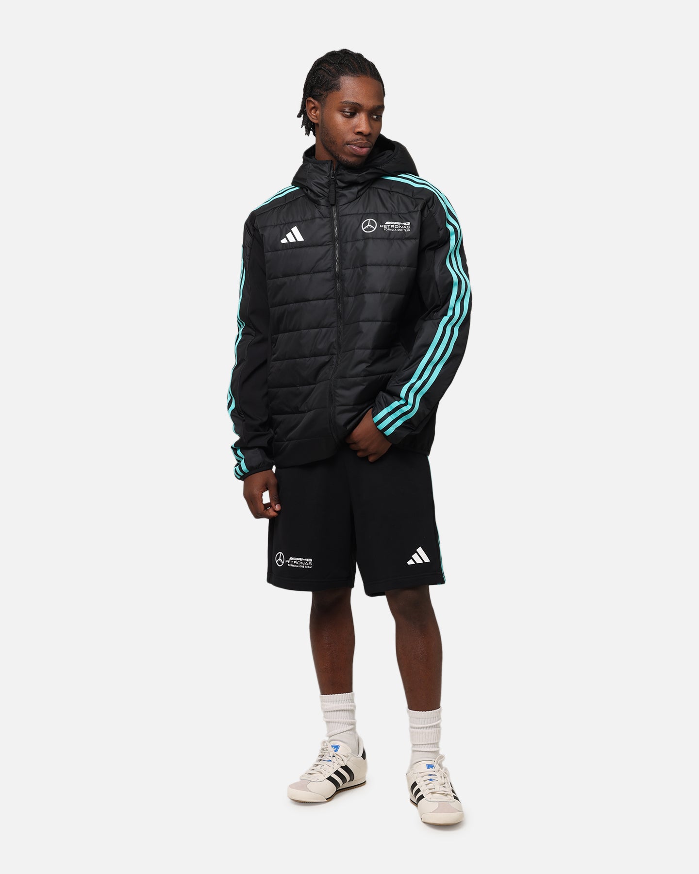 Adidas x Mercedes AMG PETRONAS F1 DNA Puffer Jacket for Men - Black & White Winter Coat for Racing Fans & Outdoor Activities