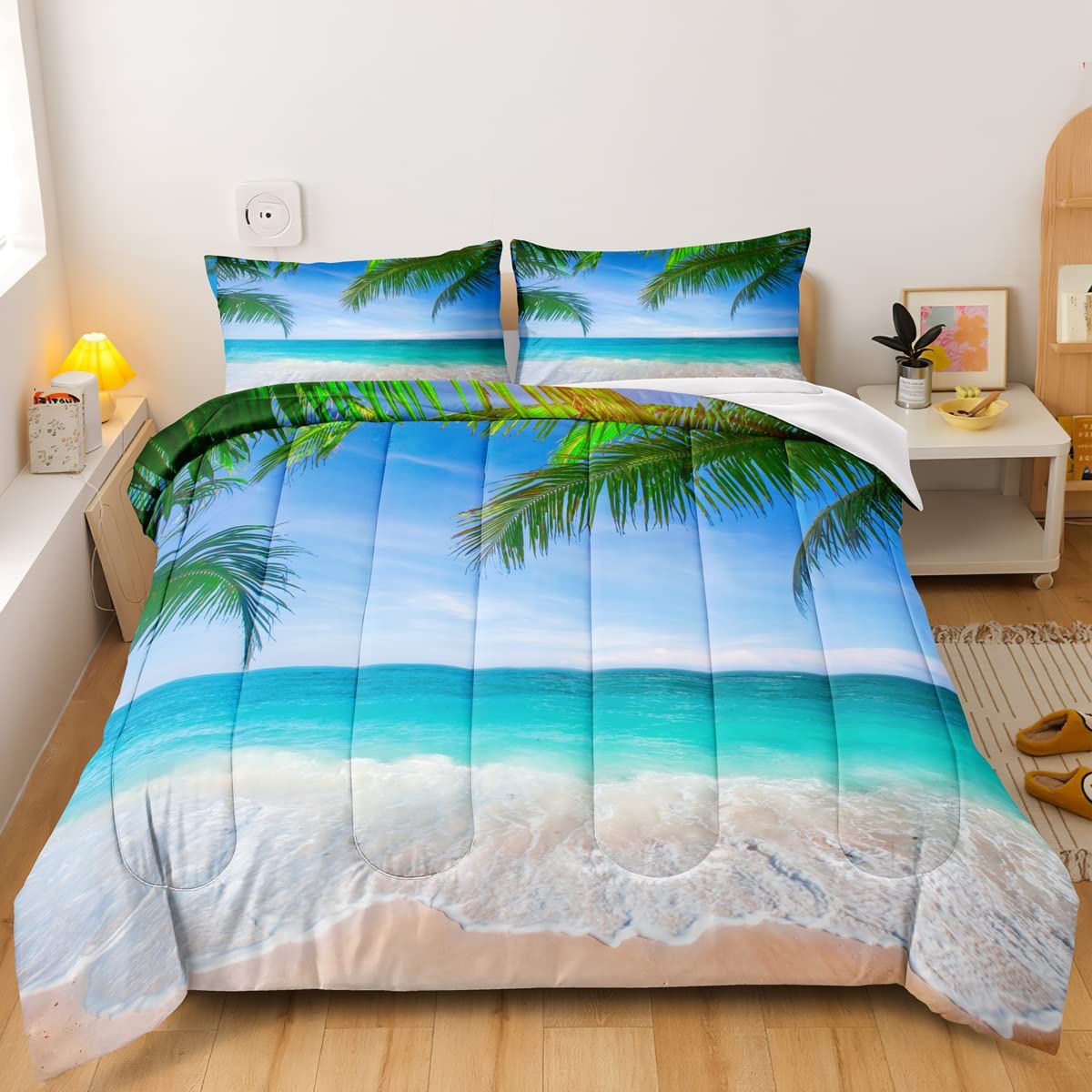BDUCOK King Size Ocean Comforter Set - Tropical Palm Tree Hawaii Beach Bedding with 2 Pillowcases | Coastal Nature Theme All-Season Duvet Cover | Perfect for Beach House Decor, Vacation Rental, or Tropical Bedroom Makeover