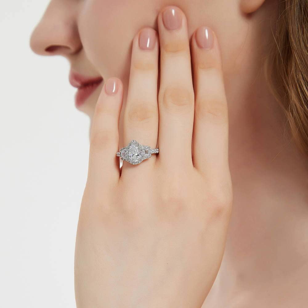 BERRICLE Sterling Silver 3-Stone Pear Cut Cubic Zirconia Engagement Ring - 1.3 Carat CZ Halo Wedding Band for Women, Rhodium Plated Size 4-10 - Perfect for Proposals, Anniversaries & Special Occasions
