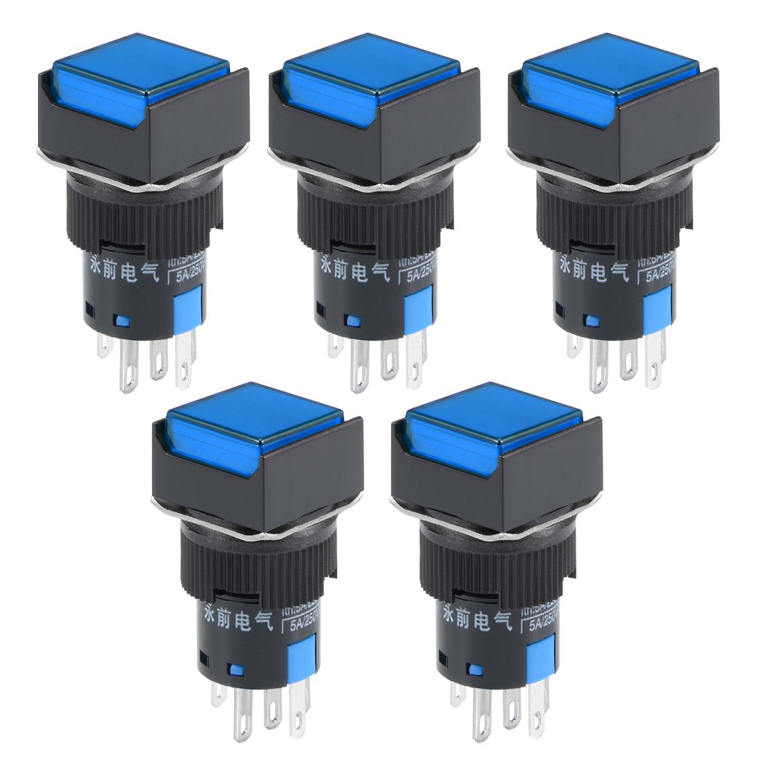 uxcell 5 Pcs 16mm Momentary Push Button Switch with Blue LED Light - 1 NO 1 NC Contact, 24V - Perfect for Control Panels, Machinery, and DIY Electronics Projects