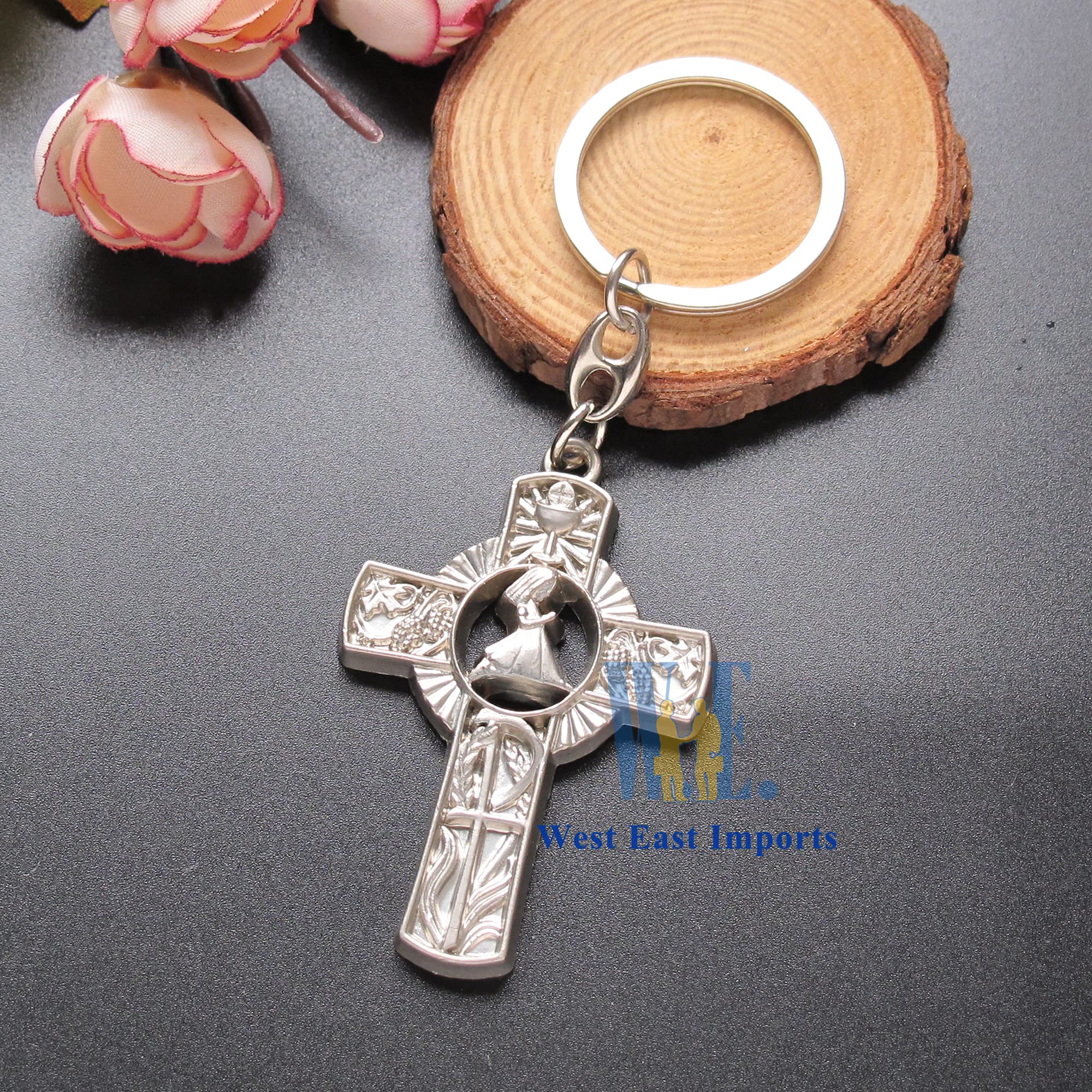 First Communion Keychain Favors - 12PCS Religious Keepsake Gift Set with Pink Ribbon Decorated Organza Bags - Perfect for Baptism, Confirmation & Christian Celebrations