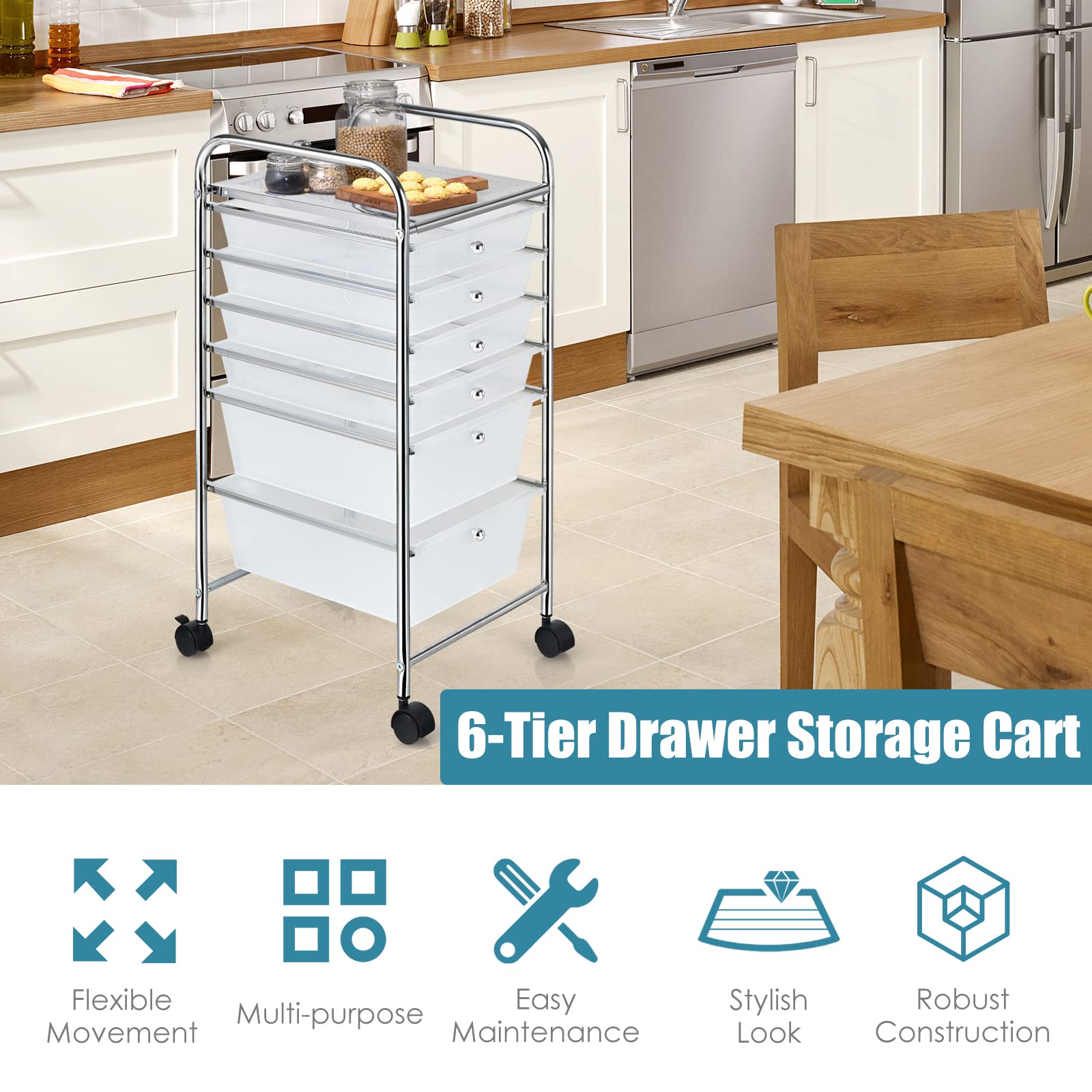 RELAX4LIFE 6-Drawer Rolling Storage Cart with Removable Plastic Drawers - Mobile Utility Cart for Classroom, Home Office & Craft Organization - Perfect for School Supplies, Art Materials & Office Storage (Clear)