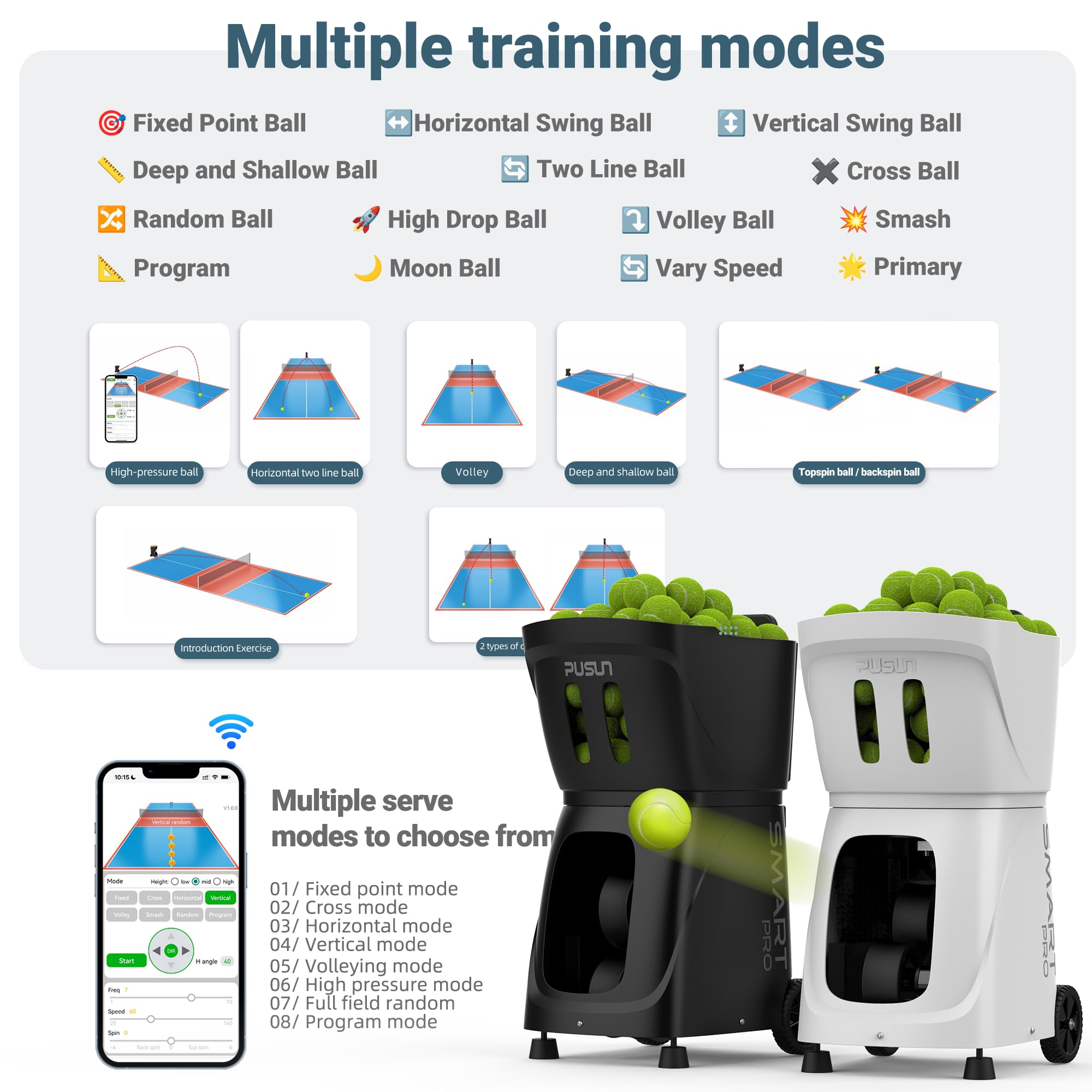 PT-Smart Pro Tennis Ball Machine with Internal Oscillation & Centered Ejection - Portable Tennis Training Equipment with App & Remote Control for Solo Practice, Coaching & Professional Training | Perfect for Backyard Drills, Court Practice & Tennis Lessons