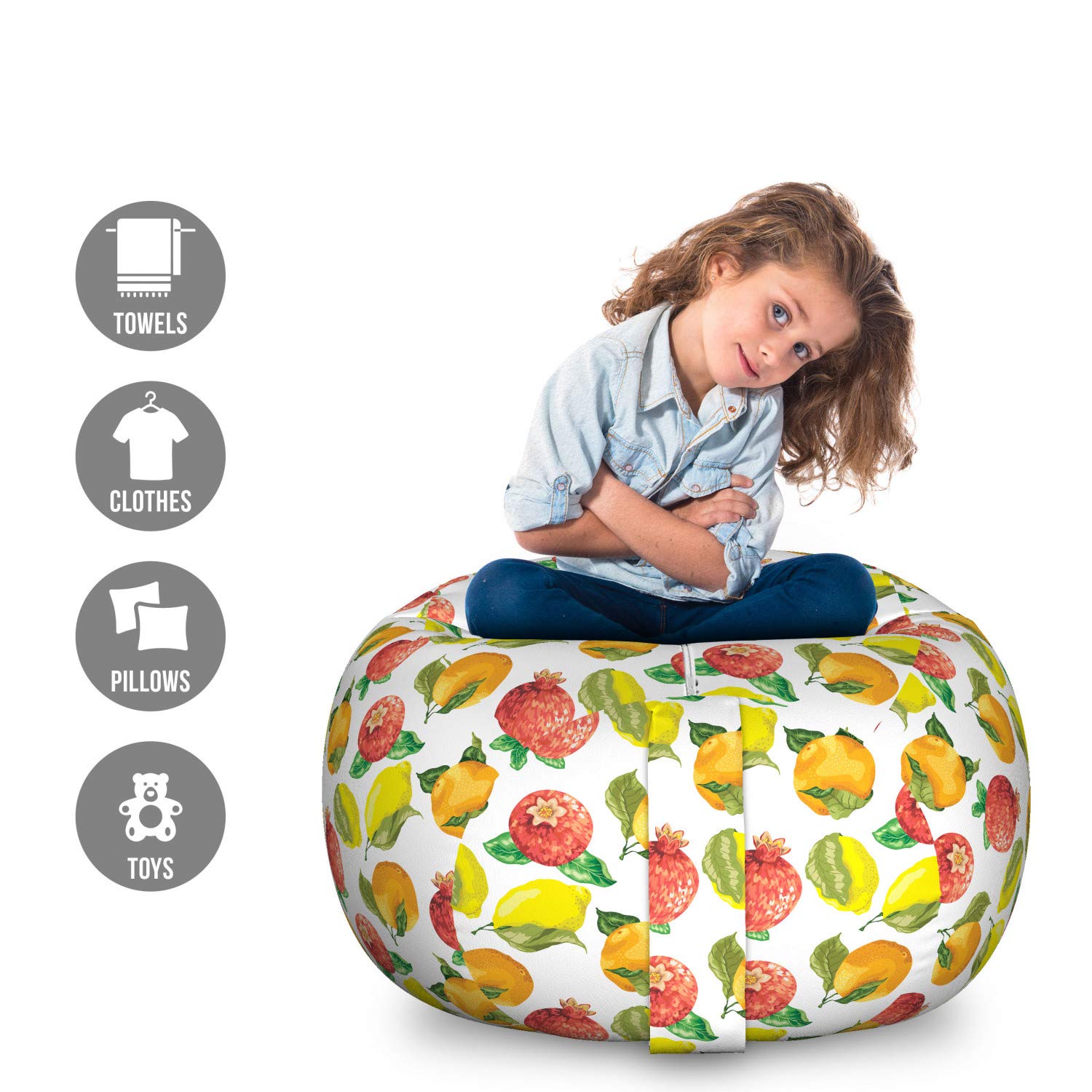 Ambesonne Fruit Storage Toy Bag Chair - Large Washable Organizer with Vitamin C Pattern (Orange, Pomegranate, Lemon) - Perfect for Kids' Room, Playroom & Stuffed Animal Storage