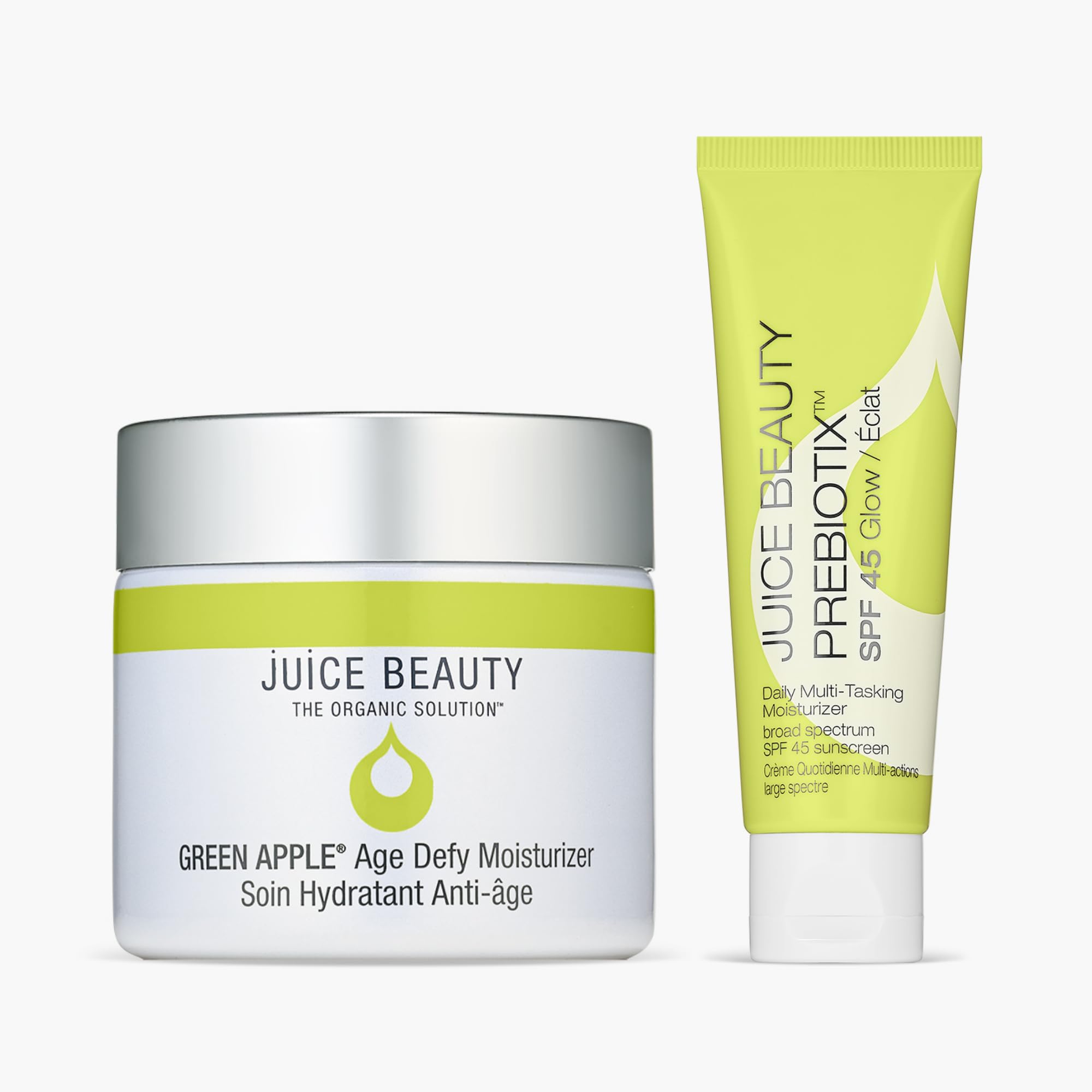 Juice Beauty Green Apple Age Defy Moisturizer with SPF 45 (60mL) + Prebiotix Glow Daily Moisturizer (50mL) - Vegan, Cruelty-Free Anti-Aging Skincare Set for Daily Hydration & Sun Protection | Perfect for Mature Skin & Morning Routine