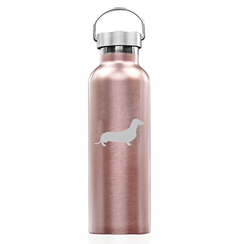 Rose Gold Double Wall Vacuum Insulated Stainless Steel Tumbler Travel Mug - 25oz Leak Proof Water Bottle with Dachshund Design for Coffee, Tea & Cold Drinks - Perfect for Office, Gym, Hiking & Road Trips