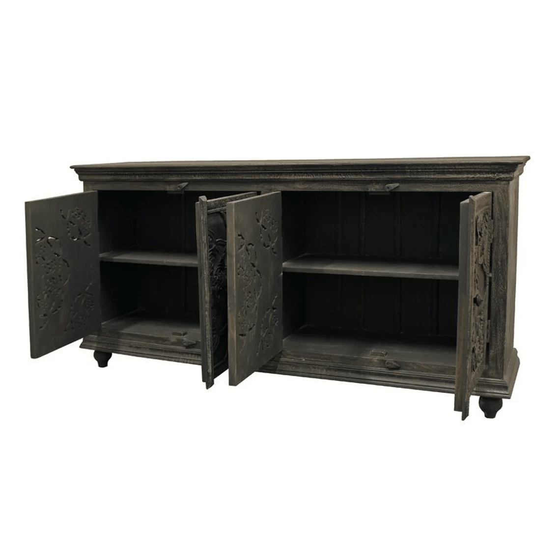 Hand Carved Gray Sideboard - Vintage Indian Antique Furniture for Dining Room & Living Room Storage