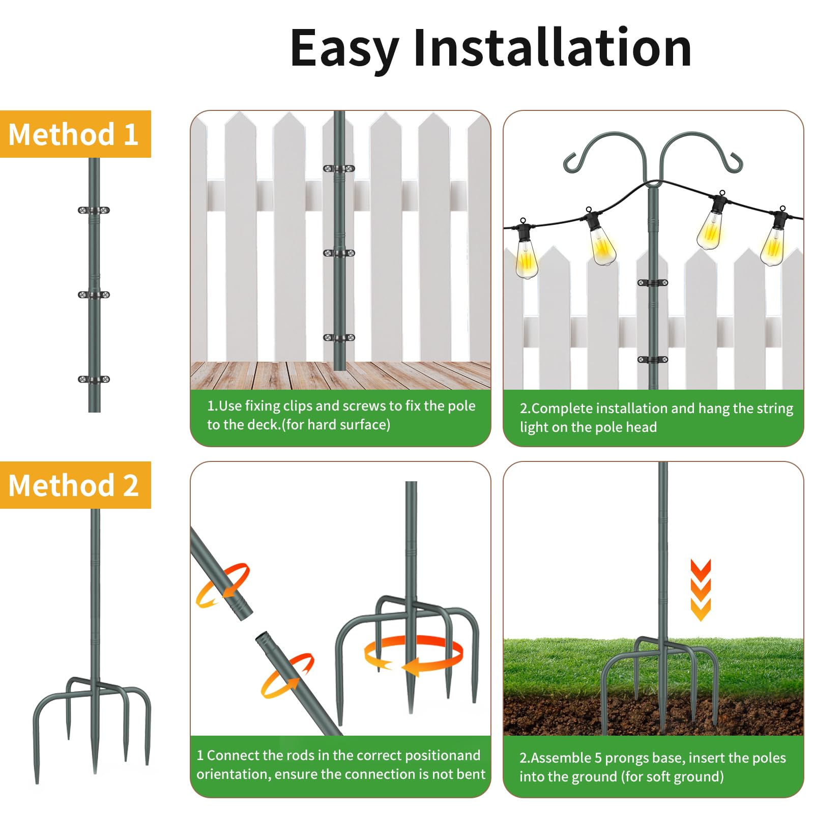 10ft Adjustable Metal String Light Poles 2 Pack - 5 Prongs & Fixing Clips for Outdoor Patio, Backyard, Garden, Deck Lighting | Perfect for Wedding, Party, Birthday Decor | Weather-Resistant & Easy to Install
