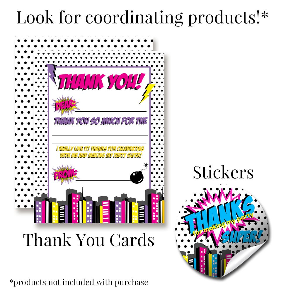Super Hero Girl Birthday Party Invitations - 20 Pack 5x7 Fill-in Cards with Envelopes - Perfect for Superhero Themed Birthday Parties, Baby Showers & Kids Events
