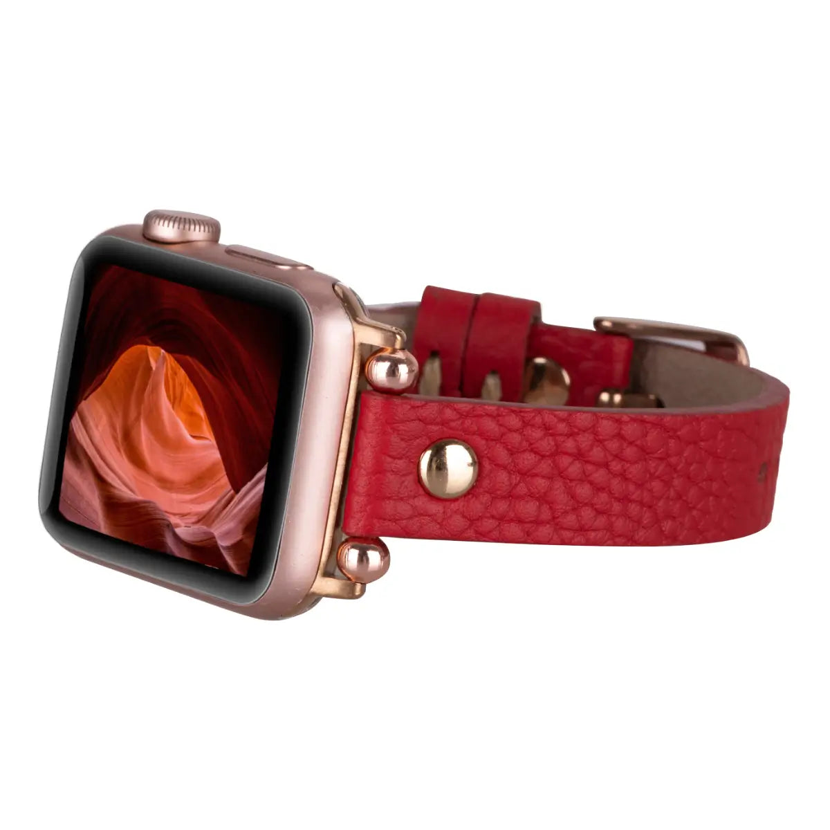 Premium Red Leather Ultra Slim Apple Watch Band with Gold Rivet - Stylish & Durable Replacement Strap for Workouts, Office & Everyday Wear