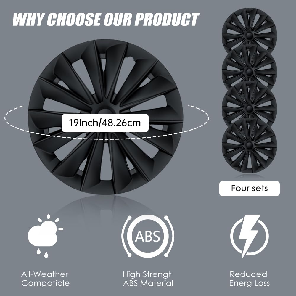 19 Inch Wheel Covers for Tesla Model Y (4-Piece Set) | ABS Hubcaps Compatible with 2019-2024 Model Y | OEM Style Replacement Rim Covers in Matte Black | Perfect for Road Protection & Enhanced Vehicle Appearance