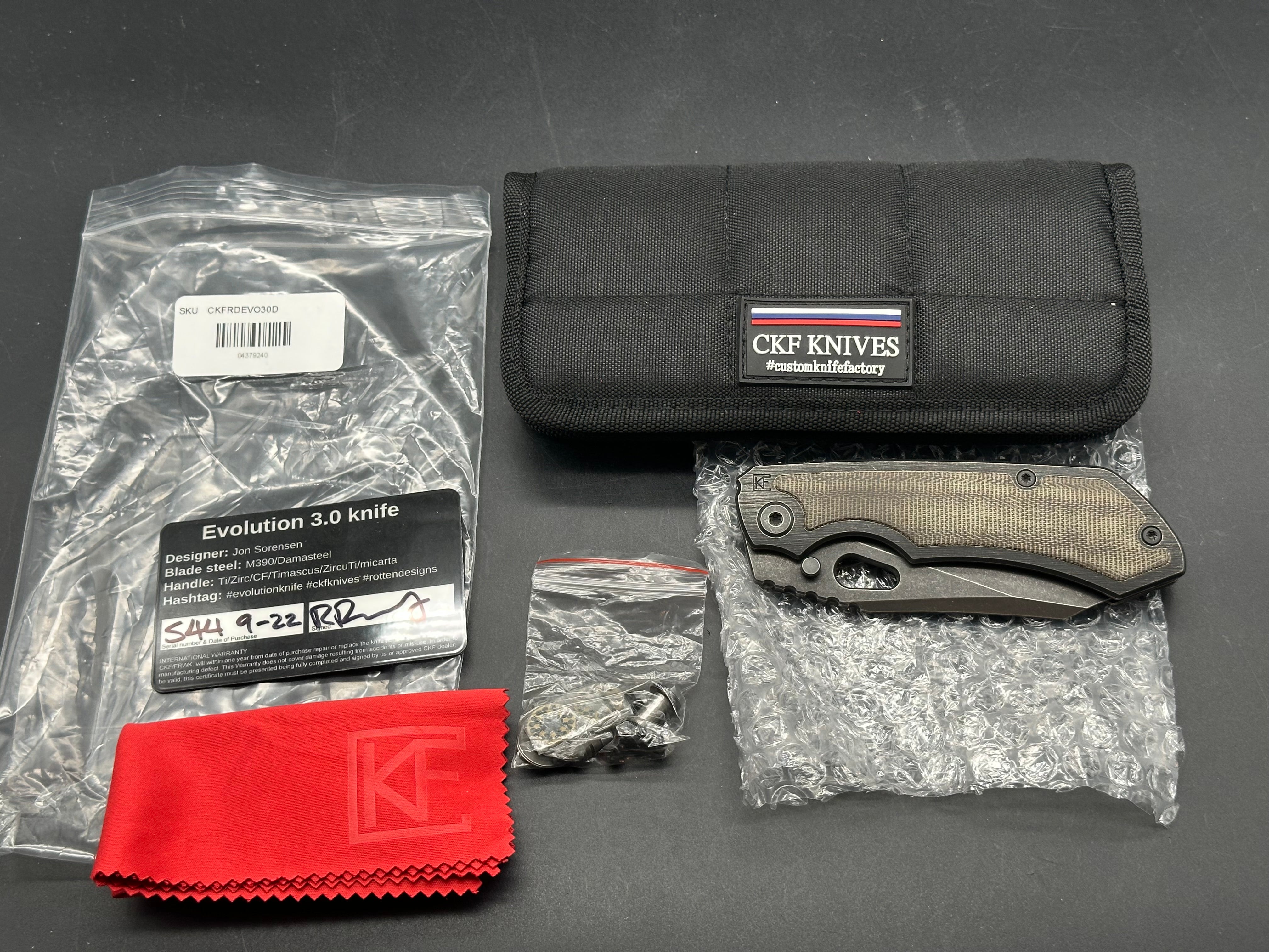 Custom Knife Factory CKF Rotten EVO 3.0D #544 - M390 Hollow Ground Blade, Full Blackwash Finish, OD Green Micarta Inlays - Premium EDC Folding Knife for Outdoor, Camping & Tactical Use