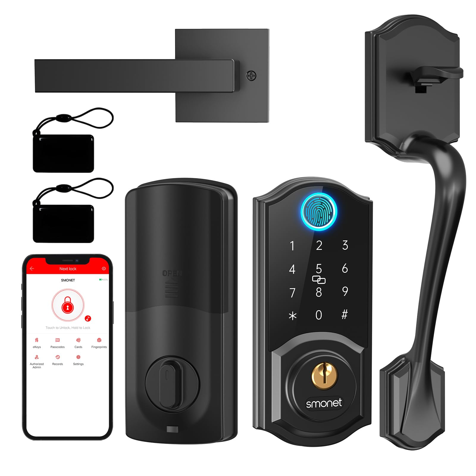SMONET Smart Front Door Lock Set - Keyless Entry Digital Deadbolt with Bluetooth & Keypad, Alexa Compatible, Auto Lock, Easy Installation (Black) - Perfect for Homes, Apartments & Vacation Rentals