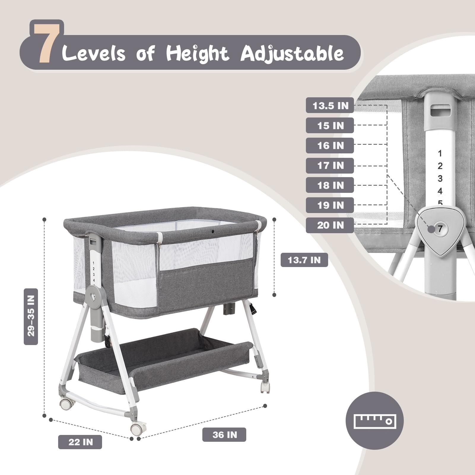 3-in-1 Foldable Baby Bassinet with Hanging Toys & Storage Basket - Adjustable Height Bedside Sleeper Crib with 4-Sided Mesh & Wheels (Light Grey) - Perfect for Nursery, Bedroom & Travel Use
