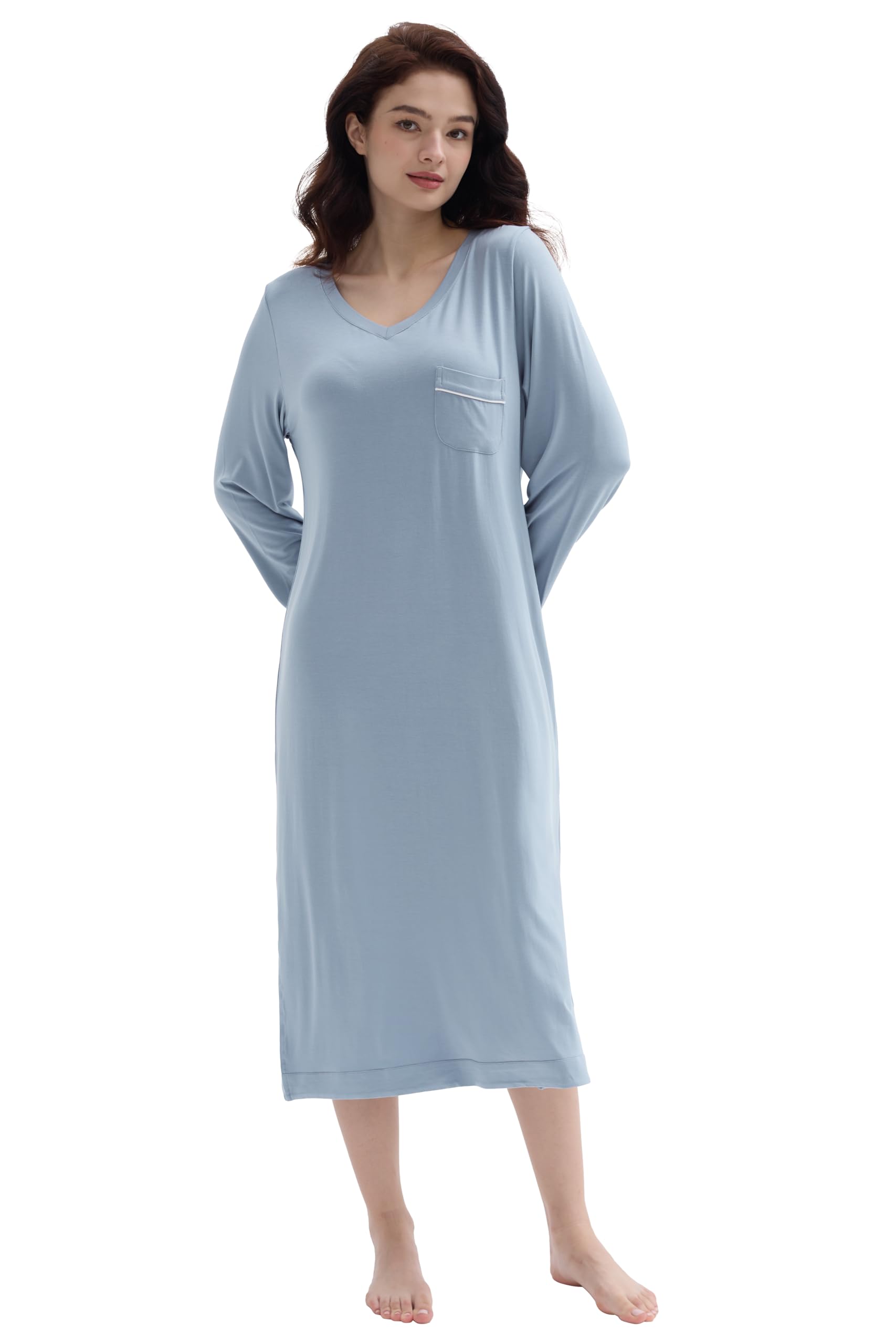 Joyaria Women's Soft Long Sleeve Nightgown - Bamboo Viscose V-Neck Sleep Shirt - Moisture Wicking Comfortable Sleepwear S-XXL - Perfect for Relaxing at Home, Lounging & Overnight Stays