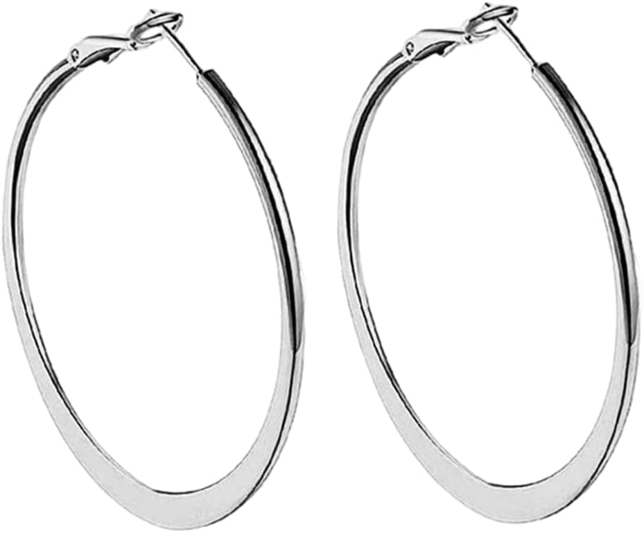 Big Hoop Earrings for Women - Silver Full Circle Flat Hoop Earrings Set (1 Pair) - Trendy & Practical Jewelry for Everyday Wear, Parties, and Special Occasions